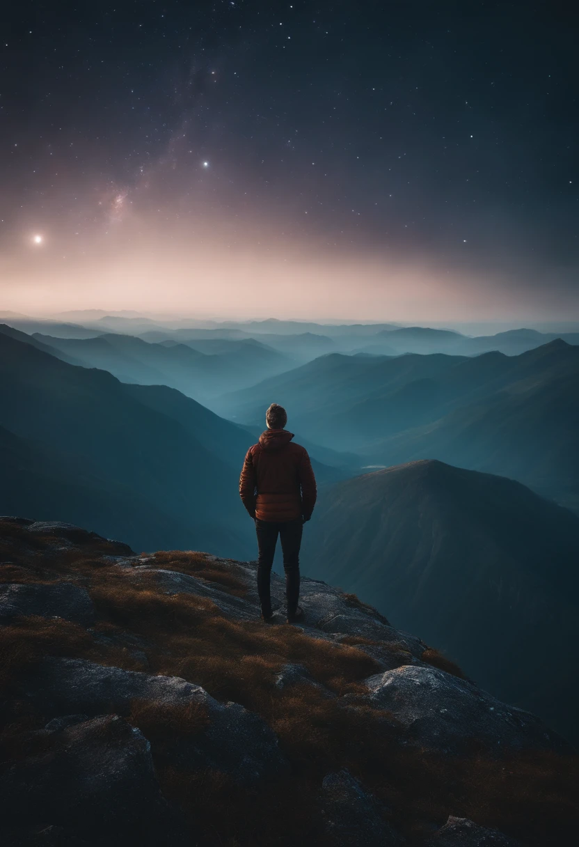 An image of a person standing on a mountain peak, gazing at the cosmos, with a sense of wonder and clarity.
