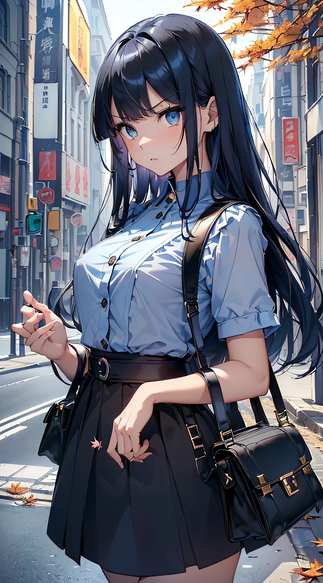 top-quality、Top image quality、​masterpiece、girl with((cute little、sixteen years old、Best Bust、Medium bust、Bust 85,Beautiful blue eyes、Breasts wide open,Long Black Hair、A slender、Mesh with bangs blue hair、Y-shirt with white collar open to second button、Blue short skirt,satchel,angry looking face、run、Reflecting the whole body、Black underwear、Show the clock、Point to the clock)）hiquality、Beautiful Art、Background with((blue-sky、Road of autumn leaves)),masutepiece、Elaborate design、visualart、depth of fields、The best lighting、highestdetailed、8ｋ