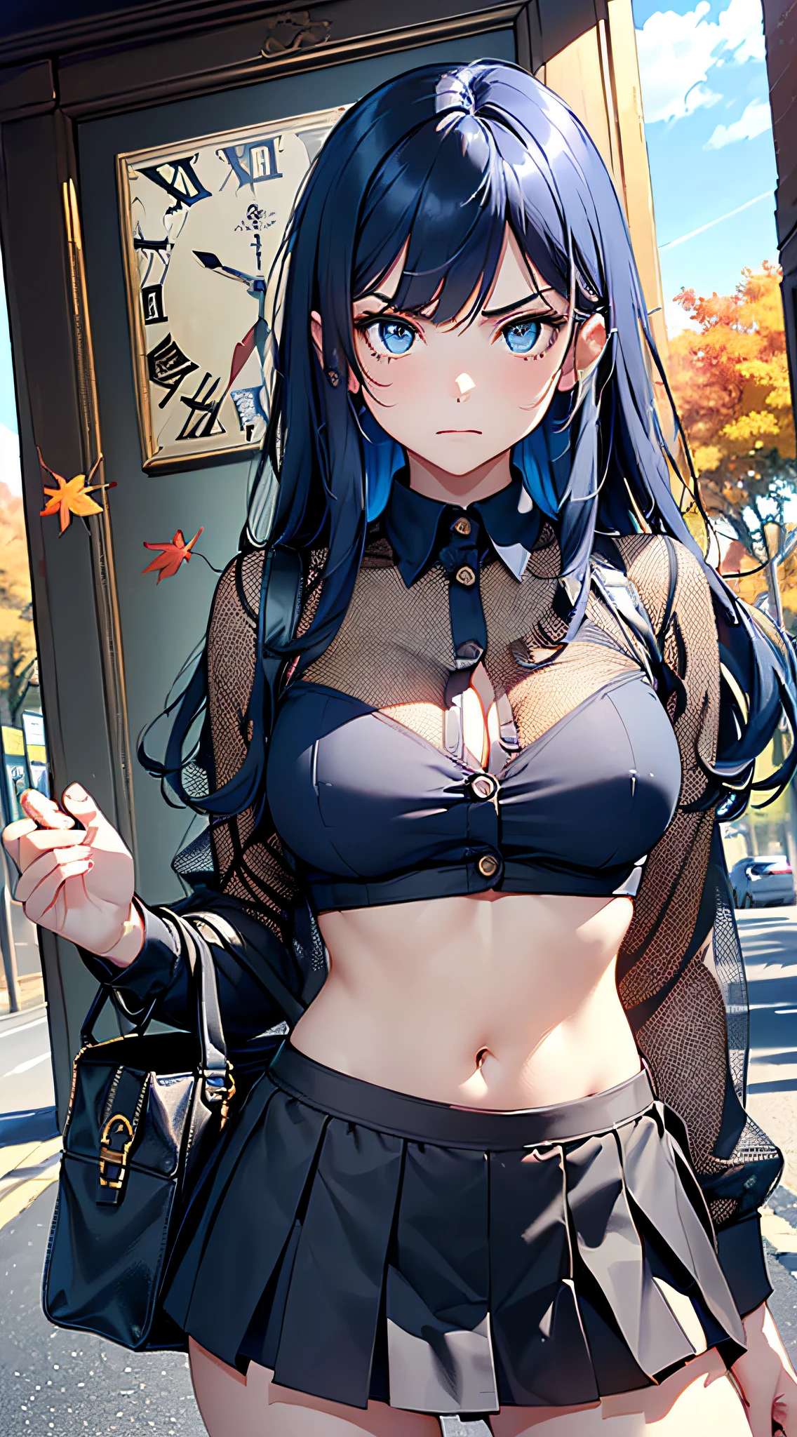 top-quality、Top image quality、​masterpiece、girl with((cute little、、Best Bust、Medium bust、Bust 85,Beautiful blue eyes、Breasts wide open,Long Black Hair、A slender、Mesh with bangs blue hair、Y-shirt with white collar open to second button、Blue short skirt,satchel,angry looking face、run、Reflecting the whole body、Black underwear、Show the clock、Point to the clock)）hiquality、Beautiful Art、Background with((blue-sky、Road of autumn leaves)),masutepiece、Elaborate design、visualart、depth of fields、The best lighting、highestdetailed、8ｋ