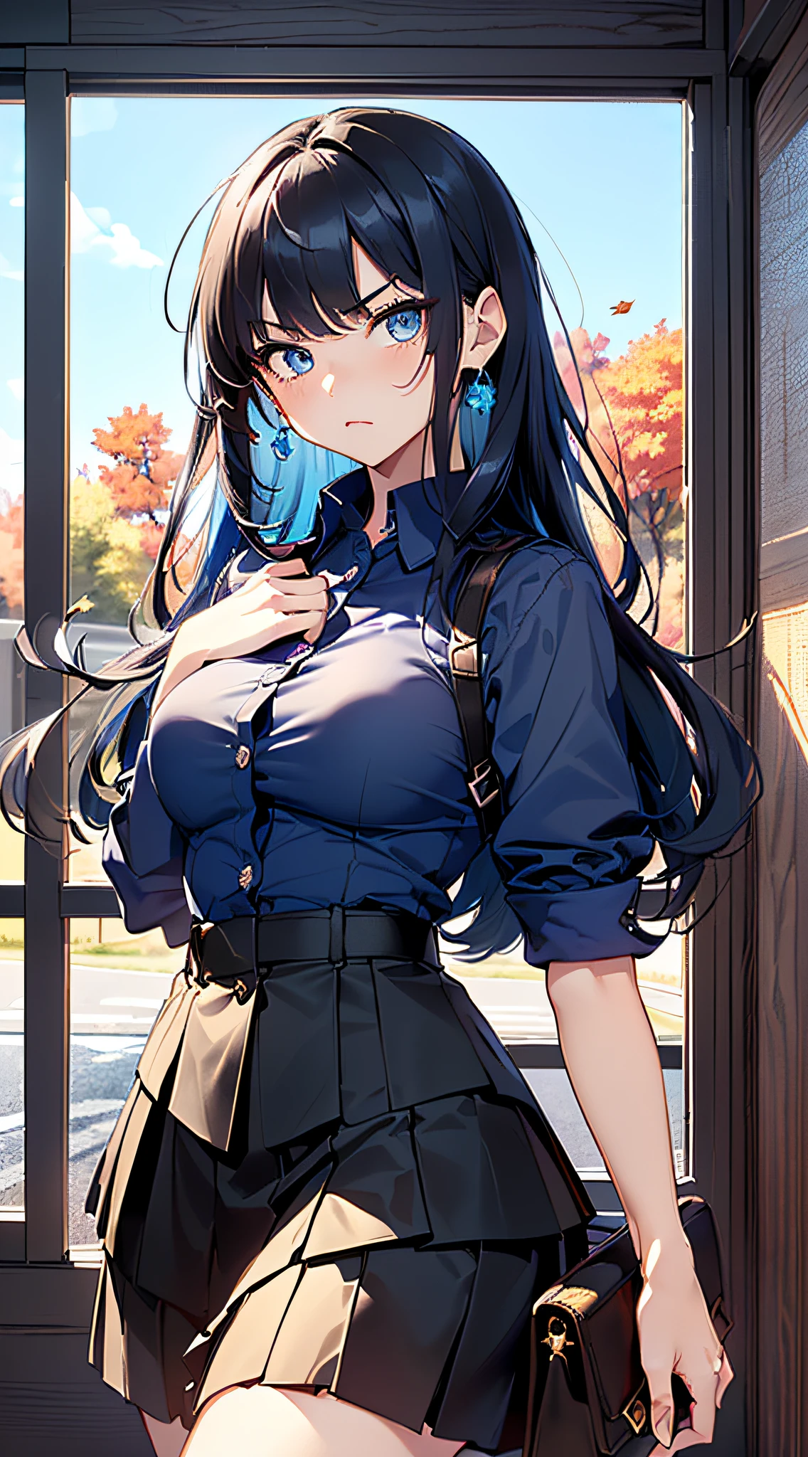 top-quality、Top image quality、​masterpiece、girl with((cute little、sixteen years old、Best Bust、Medium bust、Bust 85,Beautiful blue eyes、Breasts wide open,Long Black Hair、A slender、Mesh with bangs blue hair、Y-shirt with white collar open to second button、Blue short skirt,satchel,angry looking face、run、Reflecting the whole body、Black underwear、Show the clock、Point to the clock)）hiquality、Beautiful Art、Background with((blue-sky、Road of autumn leaves)),masutepiece、Elaborate design、visualart、depth of fields、The best lighting、highestdetailed、8ｋ