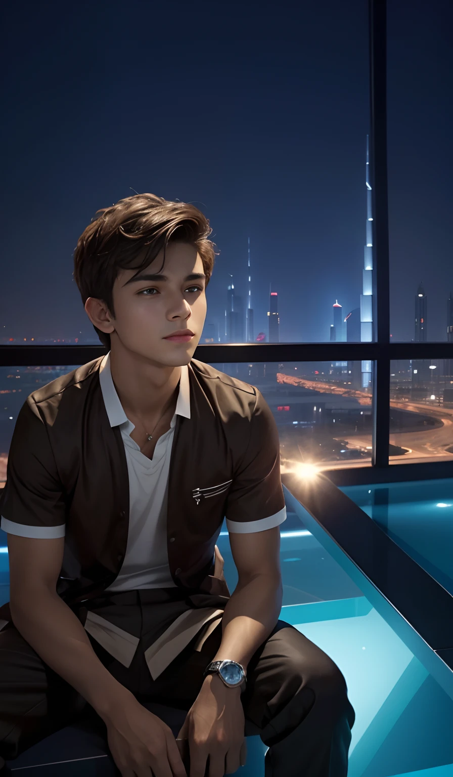 Replace the background with another background of Dubai city's Burj Khalifa in night sky with small details (windows, lights, pools around the building, people taking pictures, cars etc), make it like an avatar of teen boy, try that the face will look real and similar to the given image so that anyone can recognise, change the outfit in the given image to another outfit, change the colour the boy to brownish