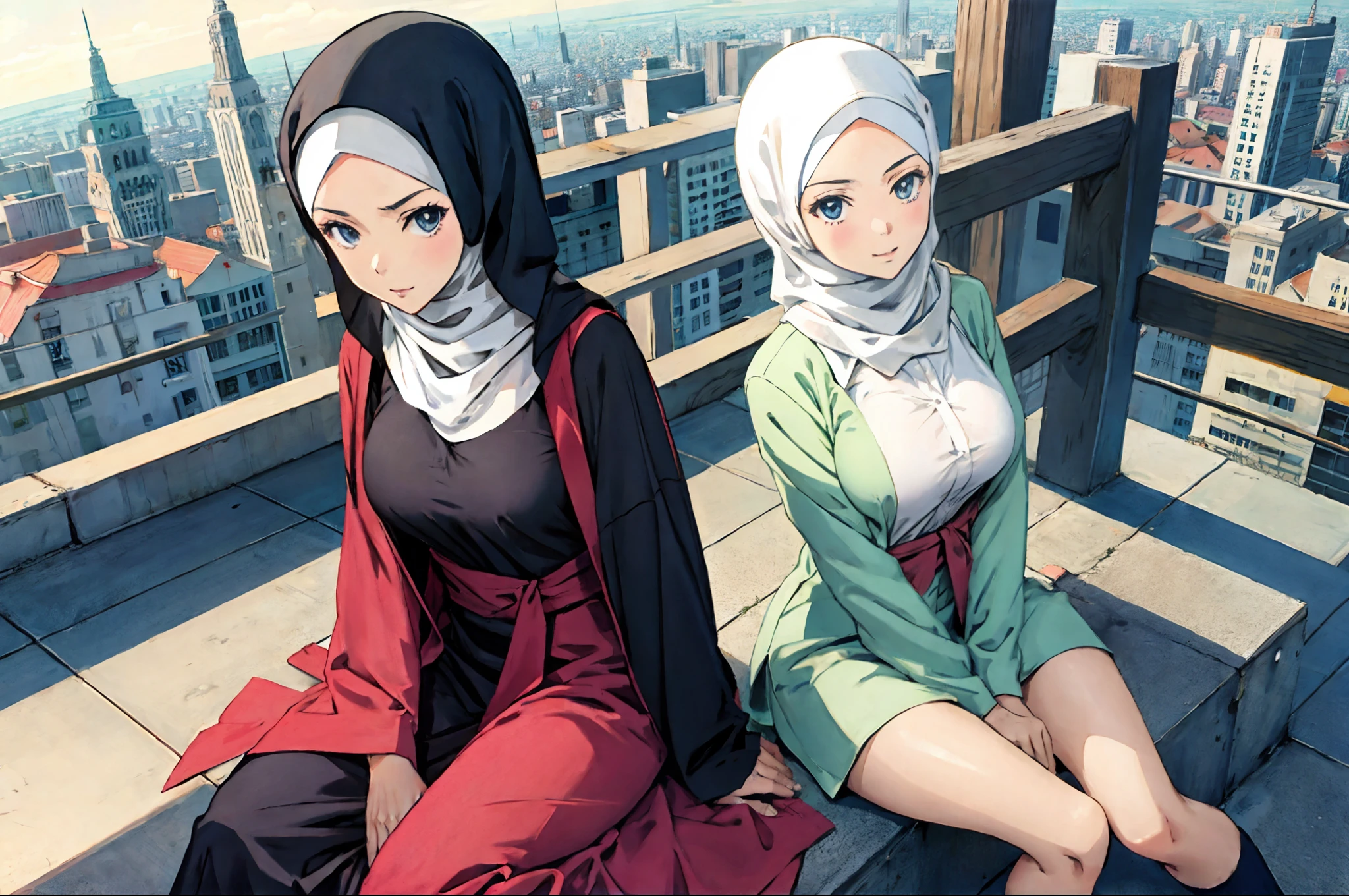 anime, hijab, city, sit on flor, grab breast, ,