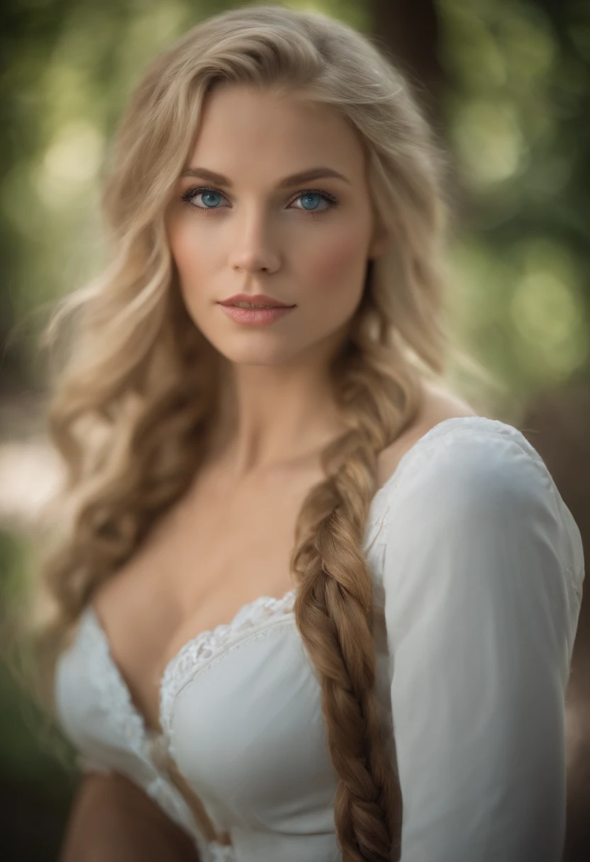 a 23-year-old women with light blond hair and blue eyes (although some see your eyes as blue, oder grau)., You're tall and skinny, but you have a beautiful figure. Her breasts are medium. Her gamers, wearing pink and black, cleavage visible, braided hairs, turning towards camera,