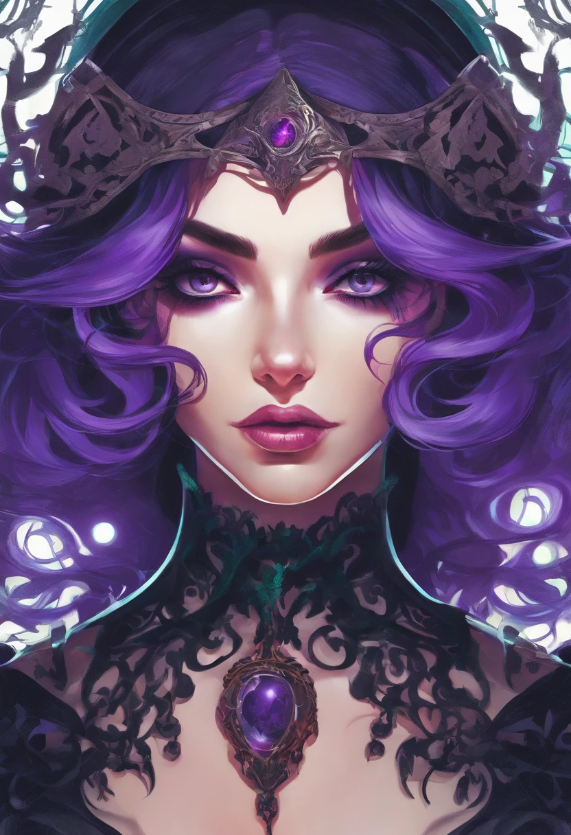 a close up of a woman in a costume with purple hair and purple glowing eyes, glowing green pumpkins, lois van baarle and rossdraws, artgerm and lois van baarle, artgerm and rossdraws, rossdraws cartoon vibrant, beautiful succubus, ross tran style, rossdraws 2. 5, inspired by Ross Tran, halloween art style, extremely detailed artgerm fucke sexuallized