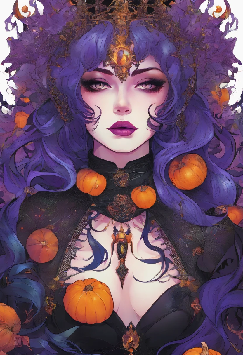 a close up of a woman in a costume with purple hair and purple glowing eyes, glowing green pumpkins, lois van baarle and rossdraws, artgerm and lois van baarle, artgerm and rossdraws, rossdraws cartoon vibrant, beautiful succubus, ross tran style, rossdraws 2. 5, inspired by Ross Tran, halloween art style, extremely detailed artgerm fucke sexuallized