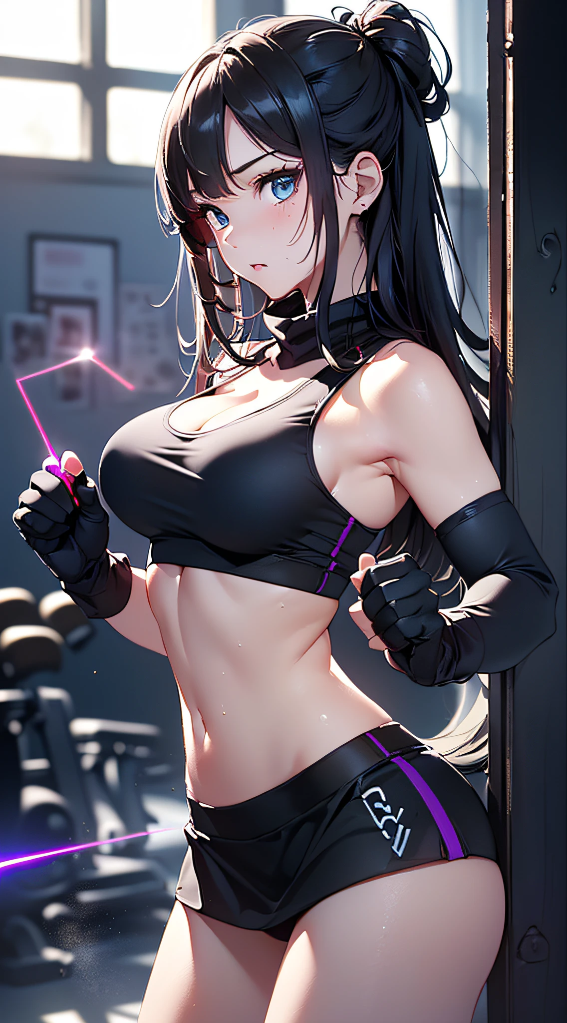 top-quality、Top image quality、masterpiece、girl with((cute little、18year old、Best Bust、Medium bust、Bust 85,Beautiful blue eyes、Breasts wide open,Long Black Hair、A slender、Middle knot、Black Sports Bra、White short skirt,Reflecting the whole body、Black perforated gloves、Spinning kick,Sweating、fighting poses))hiquality、Beautiful Art、Background with((clubhouse、Blue lighting、Purple Laser、Red laser,Yellow laser,fitness club、natta、virtual)),masutepiece、Elaborate design、visualart、depth of fields、The best lighting、highestdetailed、8k,Super delicate
