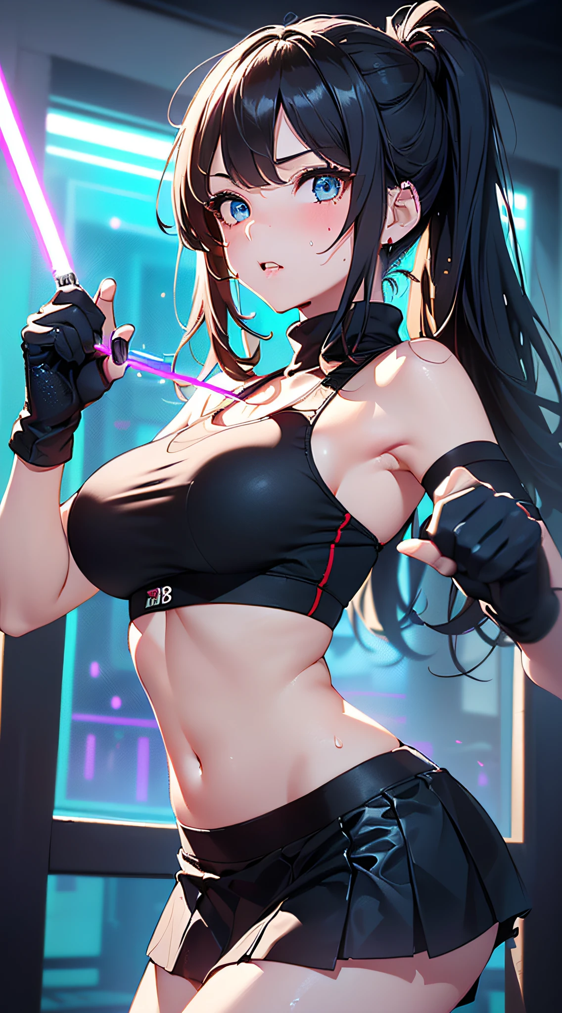 top-quality、Top image quality、masterpiece、girl with((cute little、18year old、Best Bust、Medium bust、Bust 85,Beautiful blue eyes、Breasts wide open,Long Black Hair、A slender、Middle knot、Black Sports Bra、White short skirt,Reflecting the whole body、Black perforated gloves、Spinning kick,Sweating、fighting poses))hiquality、Beautiful Art、Background with((clubhouse、Blue lighting、Purple Laser、Red laser,Yellow laser,fitness club、natta、virtual)),masutepiece、Elaborate design、visualart、depth of fields、The best lighting、highestdetailed、8k,Super delicate