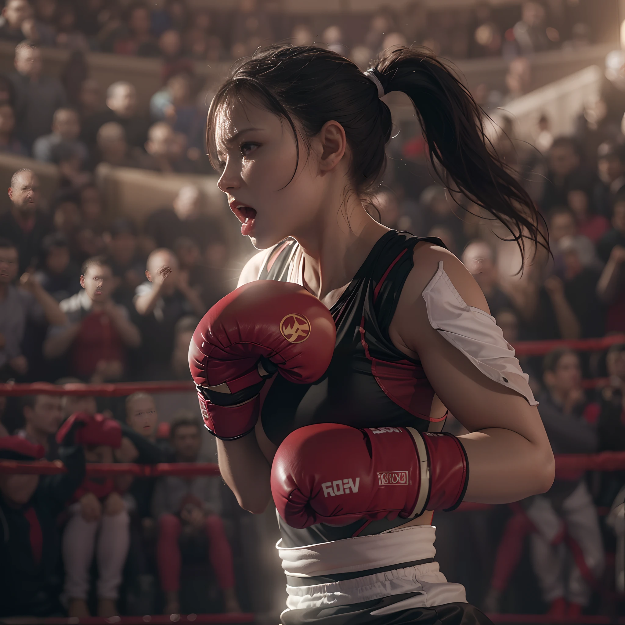 **render**: Capture in 8K, Intense moments of boxing at the Greek Colosseum. The Girl, Wearing athletic clothing, And her long black ponytail, Combined with her impeccable details, It is the center of the scene. When she launched a suppression attack, Her mouth opens wide with a scream.
