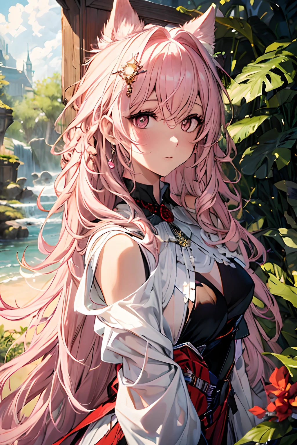 (Best quality, 4K, 8K, A high resolution, Masterpiece:1.2), Ultra-detailed, Noble maiden, Exquisite facial features，Pink curly hair long hair details expressed, Graceful posture, Dreamy atmosphere, expressive brush strokes, mystical ambiance, Artistic interpretation,Delicately coiled hair，Floral jewelry with exquisite details, Crystal diamond jewelry，Small fresh aesthetics，Stunning intricate costumes, Fantasy illustration, Subtle colors and tones, The details have been upgraded