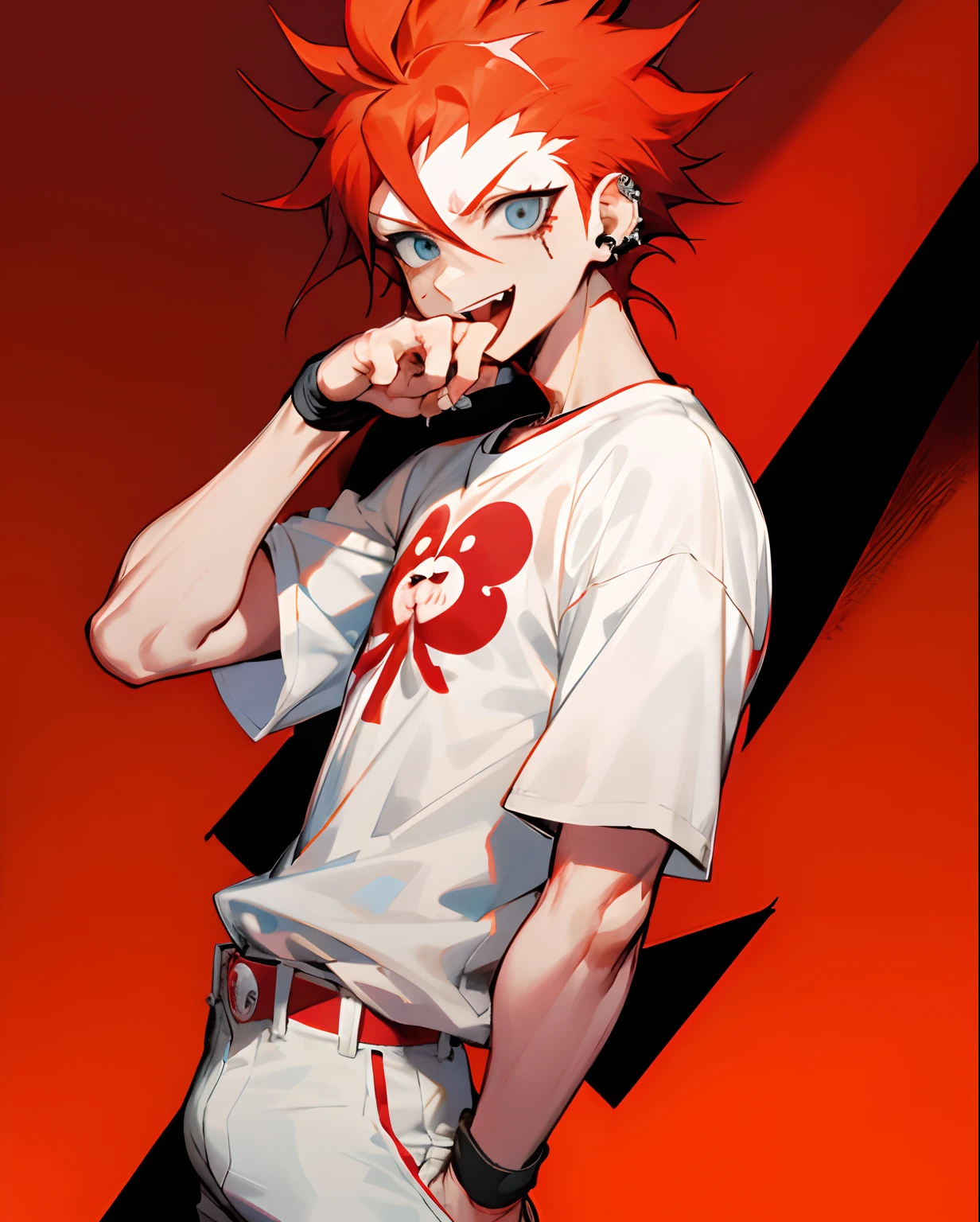 Danganronpa　Reon Kuwata　Red-haired　Tun-tsun hair　Male child　white t-shirts　White jacket　White pants　piercings　Blue eyes　put out the tongue　Baseball　kawaii faces　skinny  body　All Back Hair　Good mood　beard　light skinned　High school students