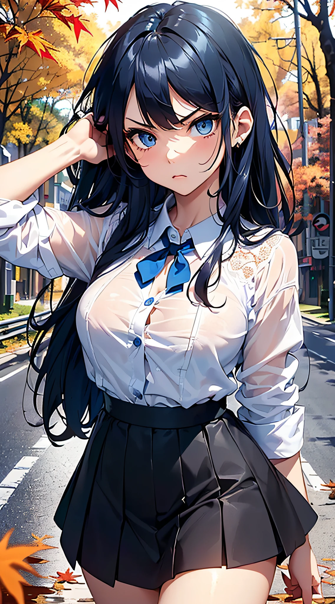 top-quality、Top image quality、masterpiece、girl with((cute little、sixteen years old、Best Bust、Medium bust、Bust 85,Beautiful blue eyes、Breasts wide open,Long Black Hair、A slender、Mesh of blue hair with bangs、Y-shirt with white collar open to second button、Blue short skirt,satchel,angry looking face、run、Reflecting the whole body、Black underwear、Collapse、M-shaped legs))hiquality、Beautiful Art、Background with((blue-sky、Road of autumn leaves)),masutepiece、Elaborate design、visualart、depth of fields、The best lighting、highestdetailed、8k
