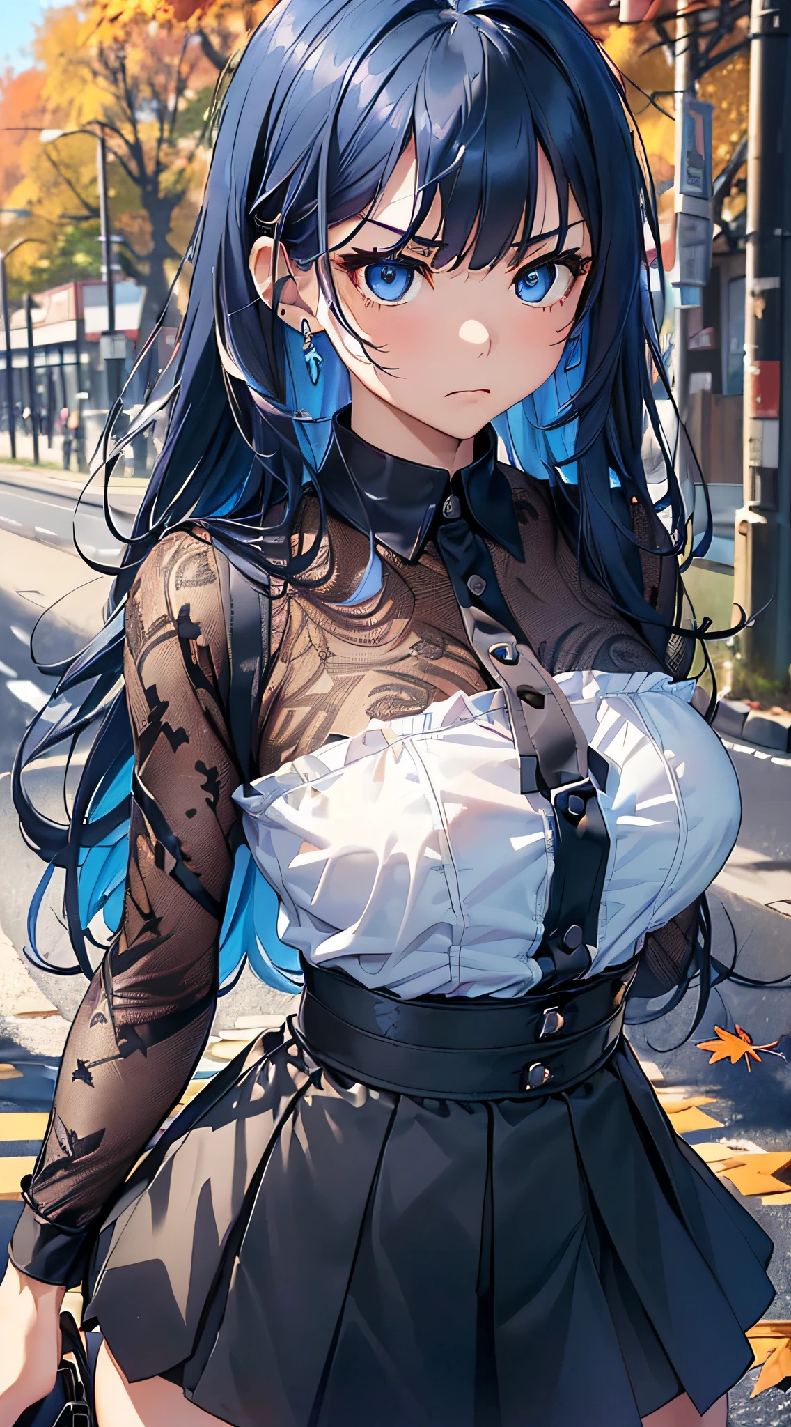 top-quality、Top image quality、​masterpiece、girl with((cute little、sixteen years old、Best Bust、Medium bust、Bust 85,Beautiful blue eyes、Breasts wide open,Long Black Hair、A slender、Mesh of blue hair with bangs、Y-shirt with white collar open to second button、Blue short skirt,satchel,angry looking face、run、Reflecting the whole body、Black underwear、Collapse、M-shaped legs)）hiquality、Beautiful Art、Background with((blue-sky、Road of autumn leaves)),masutepiece、Elaborate design、visualart、depth of fields、The best lighting、highestdetailed、8ｋ