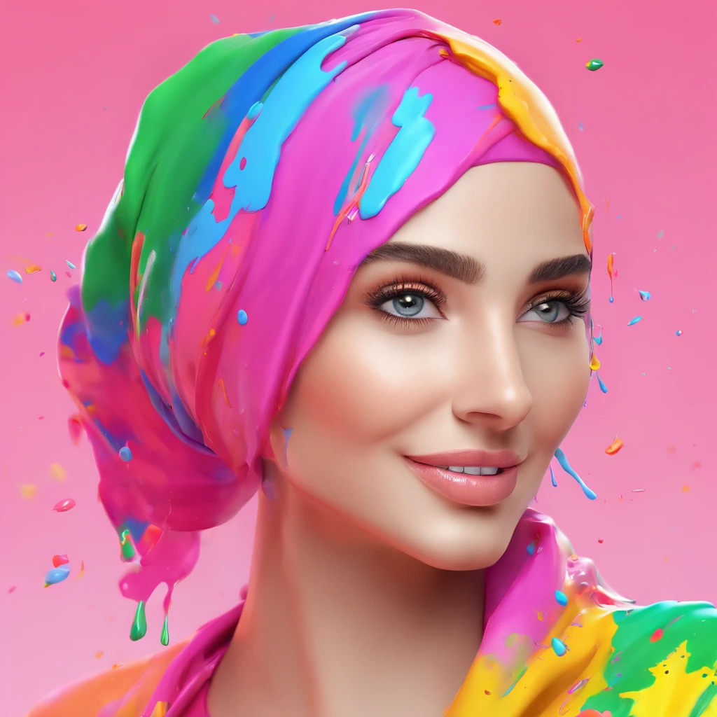 (Masterpiece, Best Quality, High Resolution), White Background, ((Paint Splash, Color Splash, Splash of Ink, Color Splash)), Sweet Brazil Girl hijab, Rainbow Hair, Pink Lips, Front, Upper Body, hijab