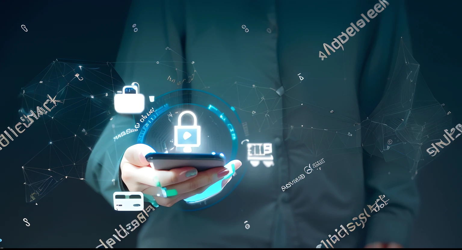 a close up of a person holding a smart phone with a padlock on it,, scanning items with smartphone, cyber security polygon, 513330673, thumbnail, take control of your data, the encrypted metaverse,, your personal data avatar, remove all text
