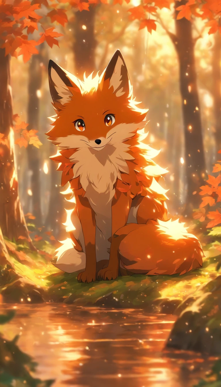 (Best quality,4K,8K,A high resolution,Masterpiece:1.2),Ultra-detailed, A lot of cereal leaves fall,Colorful autumn scenery,Lonely fox,Cute fox,autumn forest,Fox in a maple leaf cloak,Hidden fox,Tree roots,rainy days,tranquil ambiance,maple trees,fall foliage,Color fox,Dark green and orange leaves,Peaceful environment,Natural lighting,Soft raindrops,Leaves on the ground,Gentle mist,The shimmering sun shines through the woods,Majestic tree trunk,Quiet solitude,Magical atmosphere