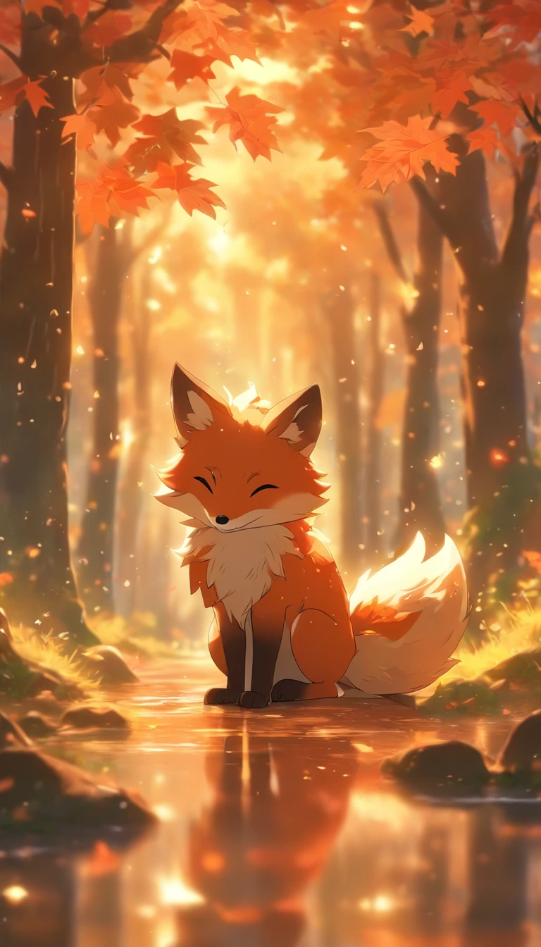 (Best quality,4K,8K,A high resolution,Masterpiece:1.2),Ultra-detailed, A lot of cereal leaves fall,Colorful autumn scenery,Lonely fox,Cute fox,autumn forest,Fox in a maple leaf cloak,Hidden fox,Tree roots,rainy days,tranquil ambiance,maple trees,fall foliage,Color fox,Dark green and orange leaves,Peaceful environment,Natural lighting,Soft raindrops,Leaves on the ground,Gentle mist,The shimmering sun shines through the woods,Majestic tree trunk,Quiet solitude,Magical atmosphere