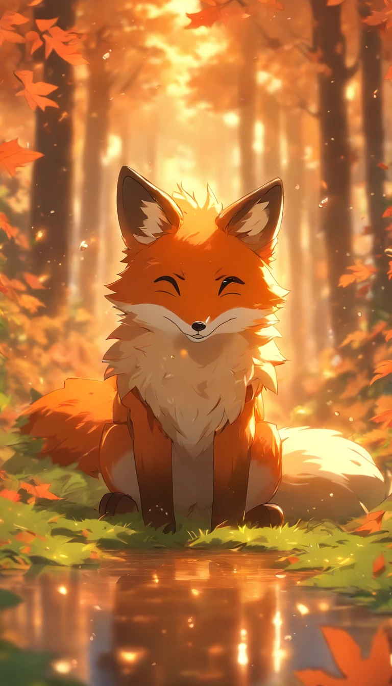 (Best quality,4K,8K,A high resolution,Masterpiece:1.2),Ultra-detailed, A lot of cereal leaves fall,Colorful autumn scenery,Lonely fox,Cute fox,autumn forest,Fox in a maple leaf cloak,Hidden fox,Tree roots,rainy days,tranquil ambiance,maple trees,fall foliage,Color fox,Dark green and orange leaves,Peaceful environment,Natural lighting,Soft raindrops,Leaves on the ground,Gentle mist,The shimmering sun shines through the woods,Majestic tree trunk,Quiet solitude,Magical atmosphere