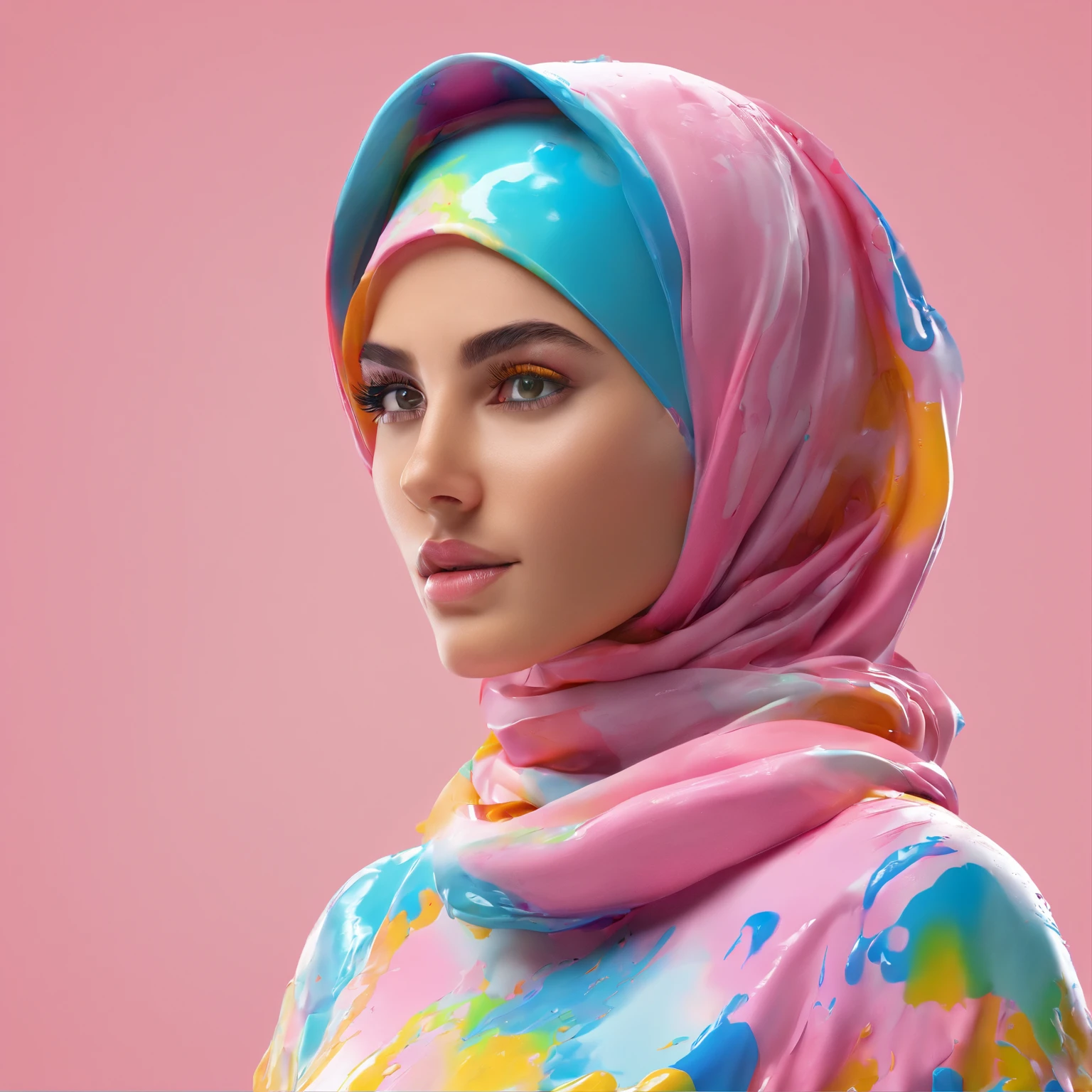 (Masterpiece, Best Quality, High Resolution), White Background, ((Paint Splash, Color Splash, Splash of Ink, Color Splash)), Sweet Brazil Girl hijab, Rainbow Hair, Pink Lips, Front, Upper Body, hijab