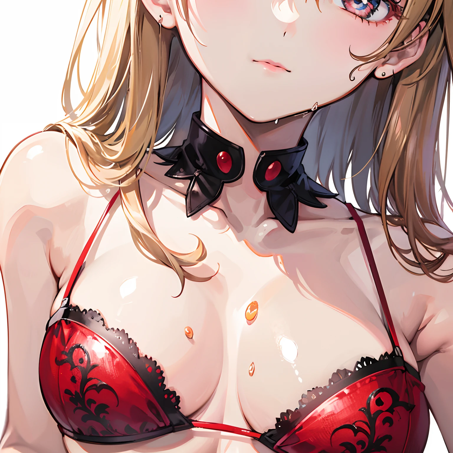 Official Art, Unity 8k Wallpaper, Ultra Detail, Beautiful and Aesthetic, Masterpiece, Best Quality, Real, Close Up, Skin Dentation, Soouryuu Asuka Langley,Gorgeous Red Lingerie Shameful Face Wet Body Realistic Texture Disturbed Clothing