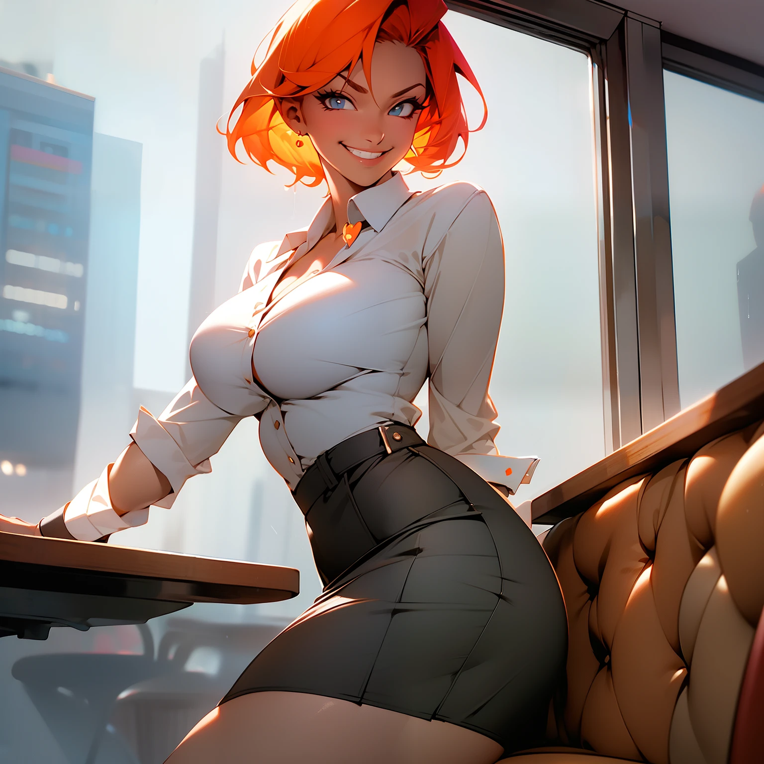 Cafeteria, character with orange  hair , big Boobs, short skirt, tight top, waitress, Rain outside, guests, smirk