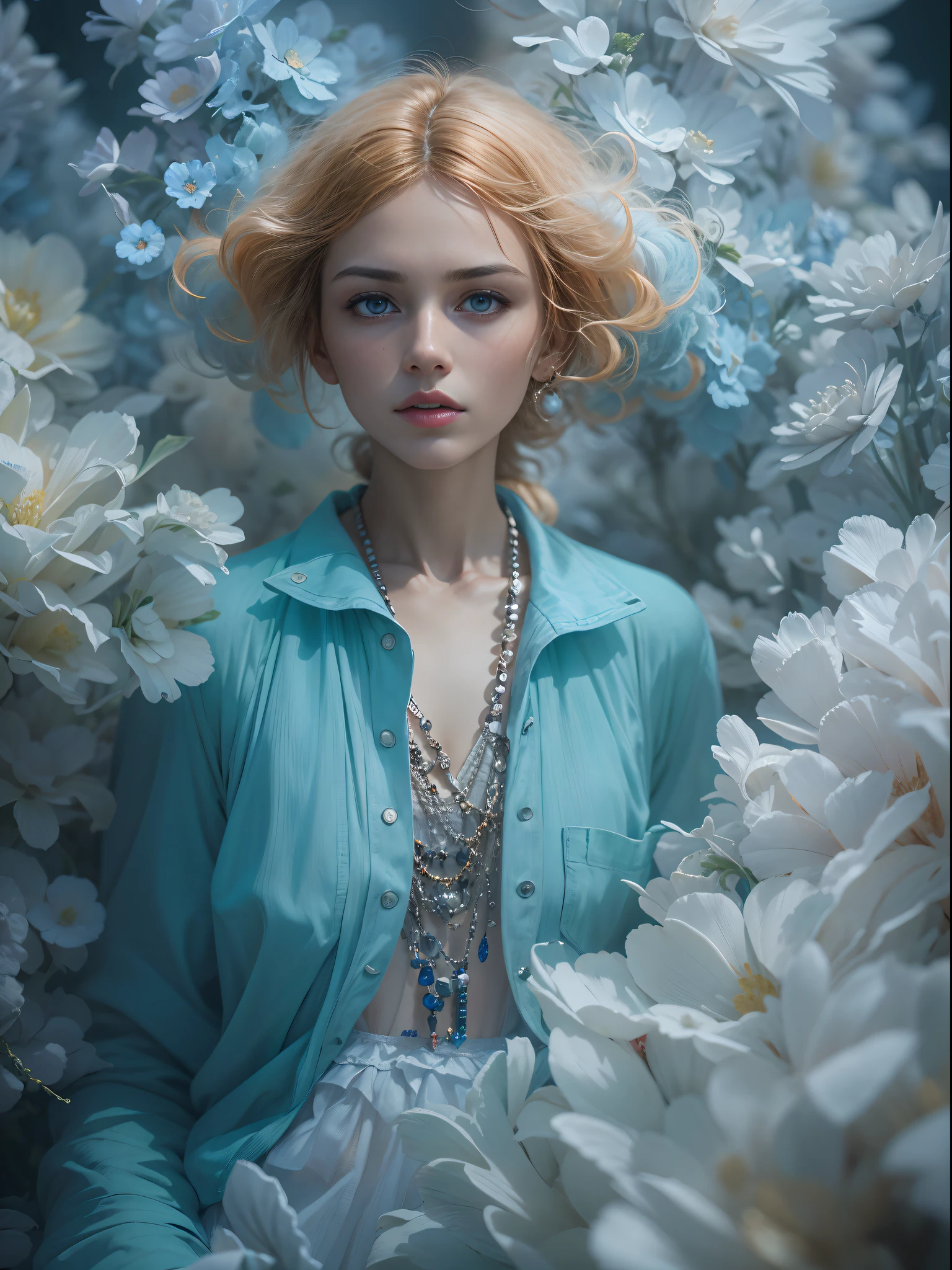 World-famous female model wearing Chanel fashion clothes，（long whitr hair），（eBlue eyes），（blue clothes） Photograph of clear facial features,character concept art,Photography,a beautiful painting by Cy Twombly,Frida Kahlo,Alphonse Mucha,Masterpiece,Dreamlike,by James Balog,octane render,Corona Render,Quixel Megascans Render,high detail,hyper quality,high resolution,trending on artstation,hyperrealism,Fine Art,Imaginative,Otherworldly,Ice Age, by Erwin Blumenfeld,by Anne Brigman,16K,Photorealistic,Photorealism,Magic Realism,Ethereal Fantasy, by Paul Barson,by Erwin Blumenfeld,by Petra Collins,Mystical Atmosphere,The picture is from Bradford Young's work, depth of field (dof),Waist Shot(WS),close up,beautiful lighting, --ar 3:4  --v 5.2 --upbeta