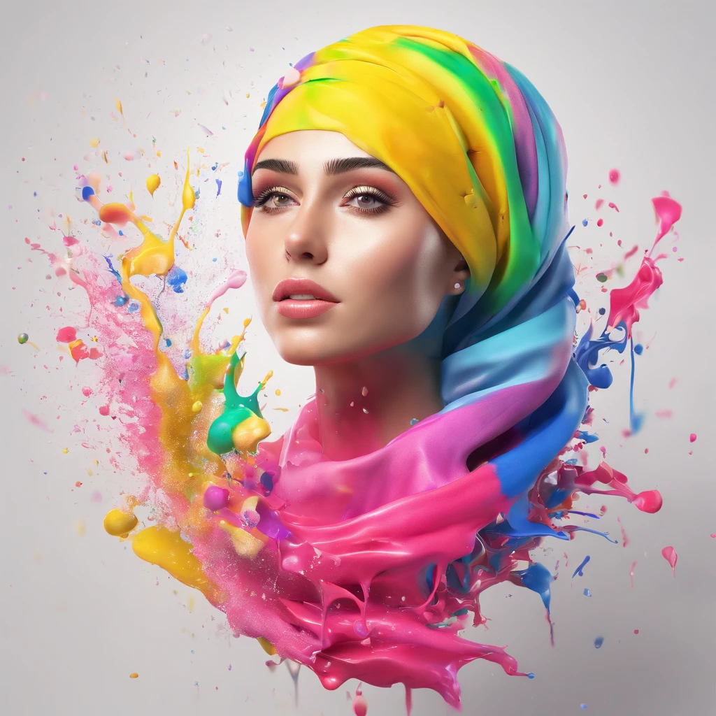 (Masterpiece, Best Quality, High Resolution), White Background, ((Paint Splash, Color Splash, Splash of Ink, Color Splash)), Sweet Brazil Girl hijab, Rainbow Hair, Pink Lips, Front, Upper Body, hijab, front look