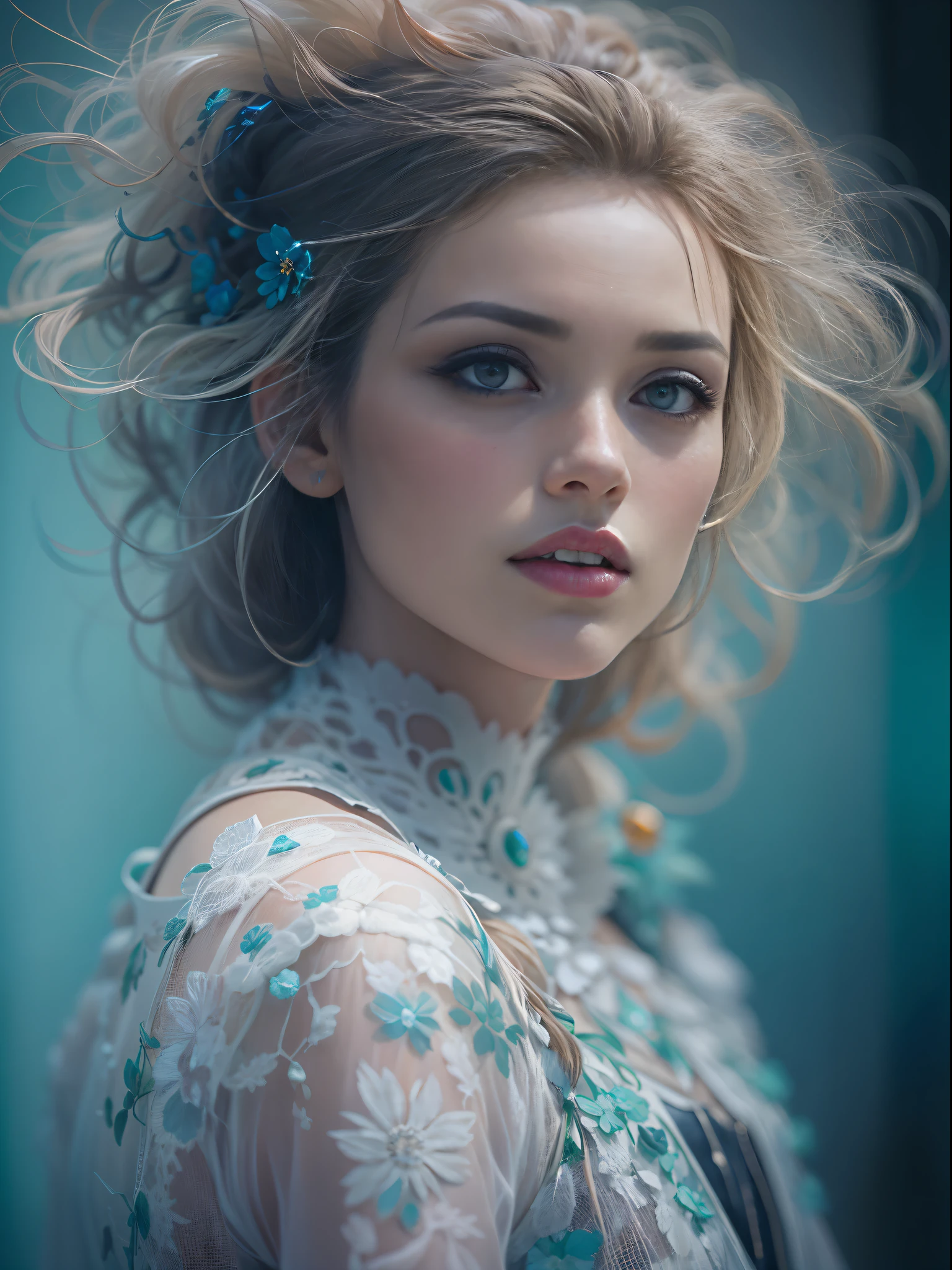 World-famous female model wearing Chanel fashion clothes,(long whitr hair),(eBlue eyes),(blue clothes) Photograph of clear facial features,character concept art,Photography,a beautiful painting by Cy Twombly,Frida Kahlo,Alphonse Mucha,Masterpiece,Dreamlike,by James Balog,octane render,Corona Render,Quixel Megascans Render,high detail,hyper quality,high resolution,trending on artstation,hyperrealism,Fine Art,Imaginative,Otherworldly,Ice Age, by Erwin Blumenfeld,by Anne Brigman,16K,Photorealistic,Photorealism,Magic Realism,Ethereal Fantasy, by Paul Barson,by Erwin Blumenfeld,by Petra Collins,Mystical Atmosphere,The picture is from Bradford Young's work, depth of field (dof),Waist Shot(WS),close up,beautiful lighting, --ar 3:4 --v 5.2 --upbeta