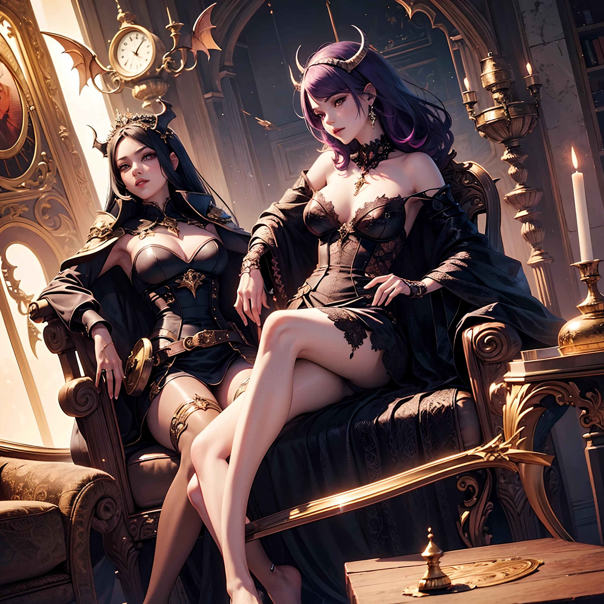 A closeup of a woman sitting on a throne with a demon on her shoulder, Succubus bonito | | | |, succubus | medieval, Beautiful elegant demon queen, Rainha do Submundo, arte de estilo fantasia escura, succubus, Lilith, Epic fantasy art style, estilo de arte de fantasia, anime demon, Rainha do Inferno, anime fantasy illustration, arte de fantasia de anime, cabelo roxo, vestido branco e preto