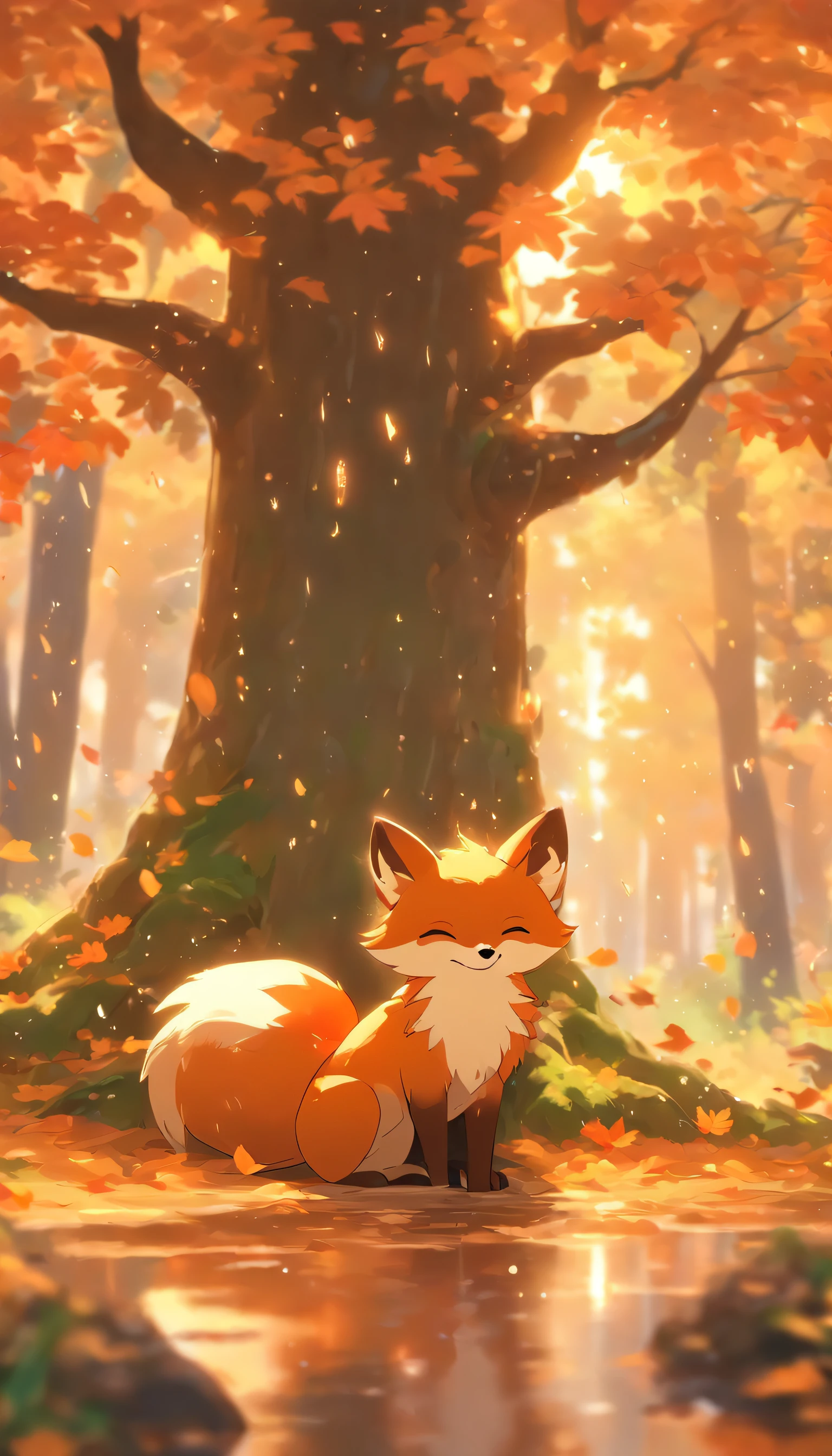 (Best quality,4K,8K,A high resolution,Masterpiece:1.2),Ultra-detailed, A lot of cereal leaves fall,Colorful autumn scenery,Lonely fox,Cute fox,autumn forest,Fox in a maple leaf cloak,Hidden fox,Tree roots,rainy days,tranquil ambiance,maple trees,fall foliage,Color fox,Dark green and orange leaves,Peaceful environment,Natural lighting,Soft raindrops,Leaves on the ground,Gentle mist,The shimmering sun shines through the woods,Majestic tree trunk,Quiet solitude,Magical atmosphere