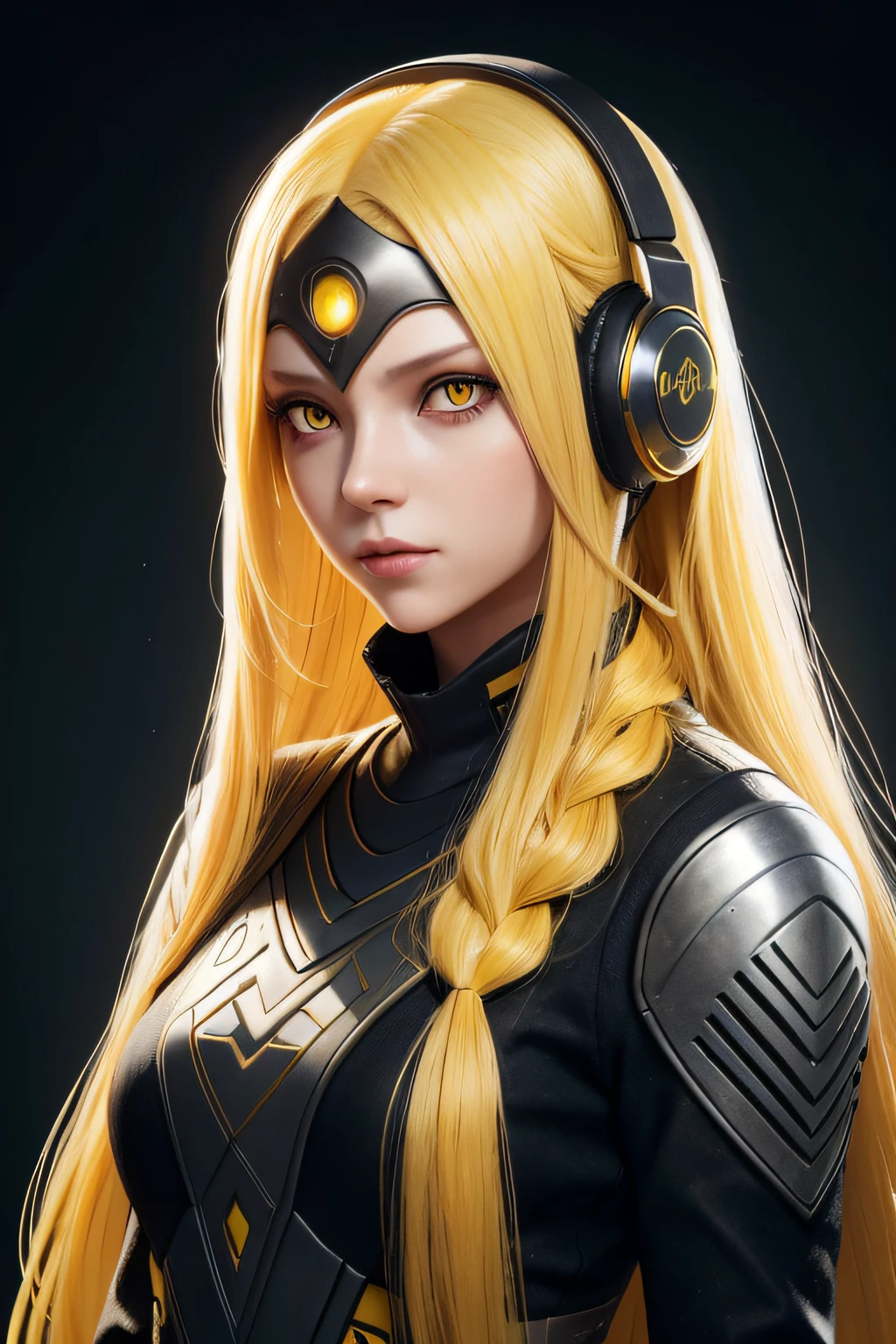 girl with long yellow hair, yellow eyes, futuristic vibes, mask on mouth, headphones, 8k, high quality, simple background, glowing eyes, nice pose