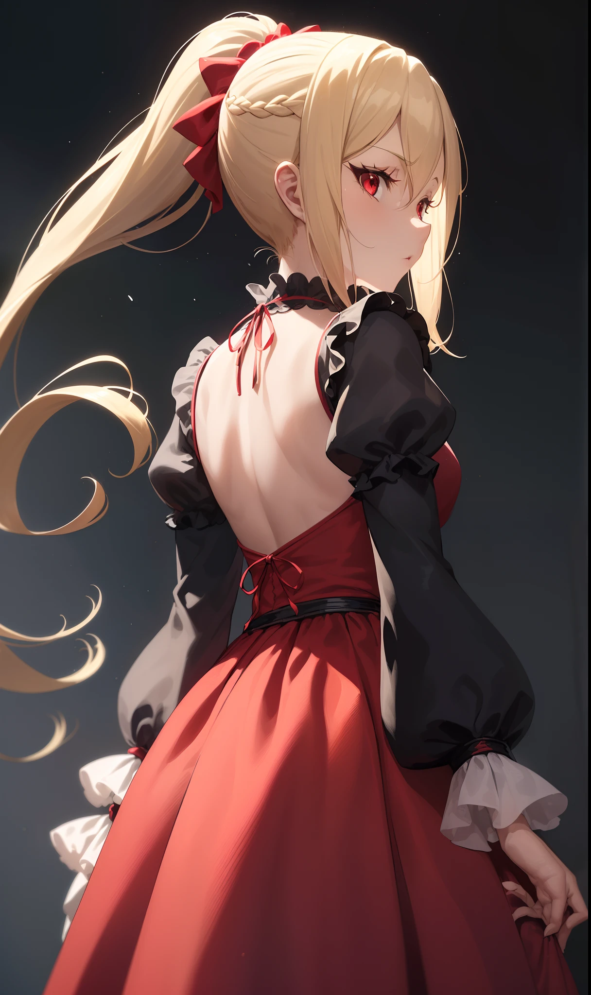(masutepiece, Best Quality:1.2), Extremely detailed, detailed hairs, Soft skin,
1girl in, Solo, Standing, Upper body, from behind,
Blonde hair, Long hair, High Ponytail, Long ponytail,
Red Eyes, long eyelashes, thick eyelashes, Looking at Viewer,
Red dress, backless dress, ornate dress, Puffy skirt, Long skirt, Puffy sleeves, juliet sleeves, Long sleeves,
,
Black background,