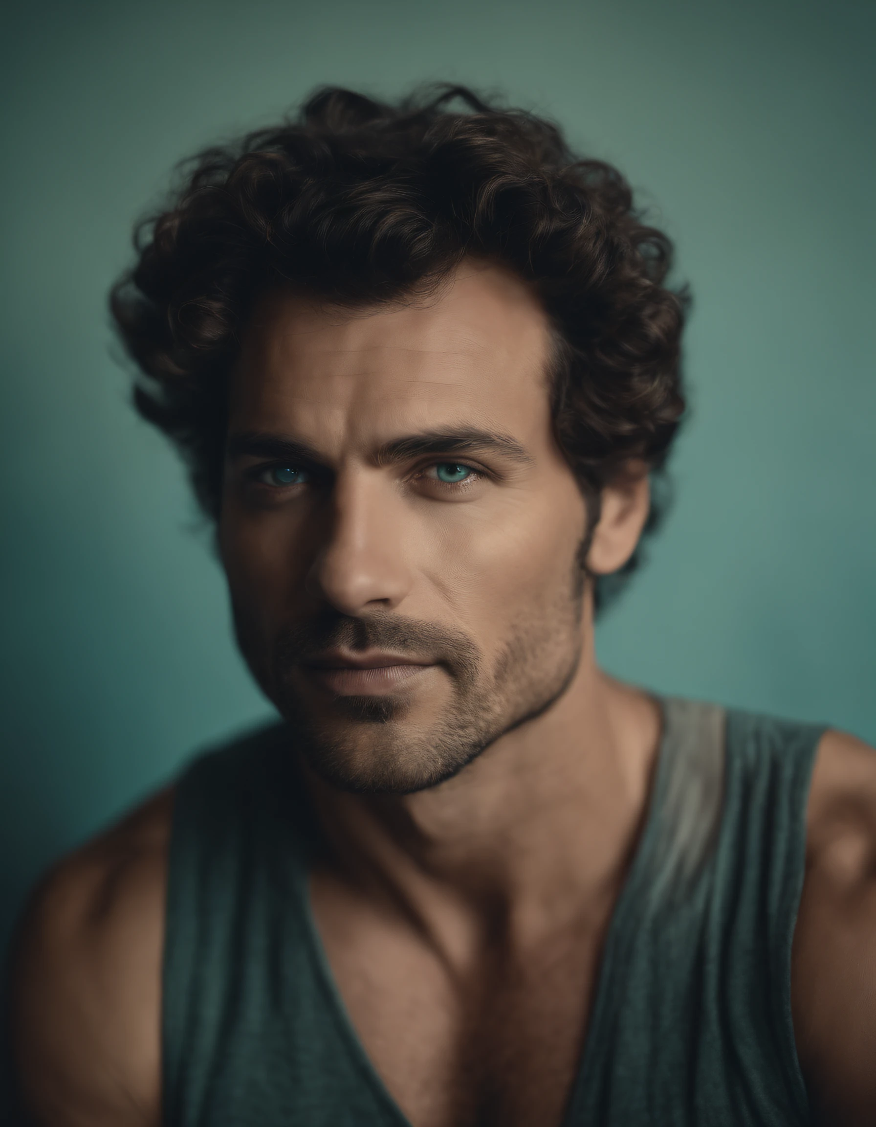 un homme , a la 30 ans , cheveux noirs boucle , yeux turquoise , muscle , bien habiller , de face , Full photo of very good quality , Realistic in Skin Color Face Eyes Hair All