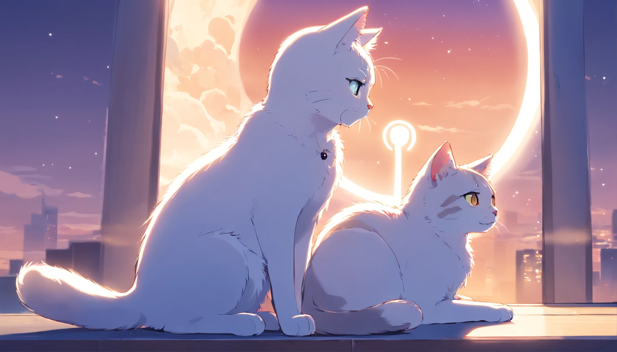 romantic rooftop scene featuring (couple) of cats, forming a (heart shape) with their tails, set against a captivating sunset backdrop