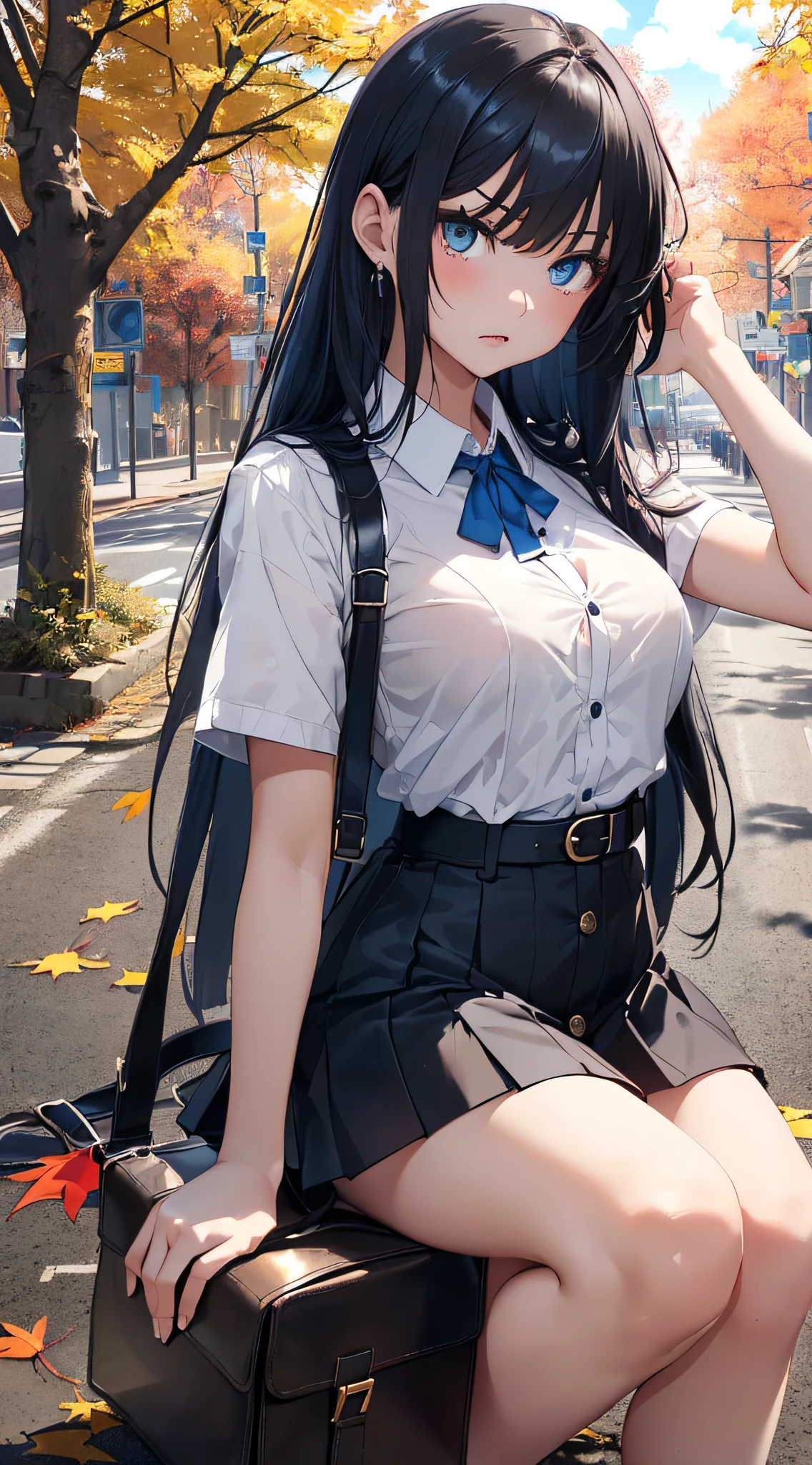 top-quality、Top image quality、​masterpiece、girl with((cute little、、Best Bust、Medium bust、Bust 85,Beautiful blue eyes、Breasts wide open,Long Black Hair、A slender、Mesh with bangs and blue hair、Y-shirt with white collar open to second button、Blue short skirt,satchel,angry looking face、run、Reflecting the whole body、Black underwear、collapse、M-shaped legs)）hiquality、Beautiful Art、Background with((blue-sky、Road of autumn leaves)),masutepiece、Elaborate design、visualart、depth of fields、The best lighting、highestdetailed、8ｋ