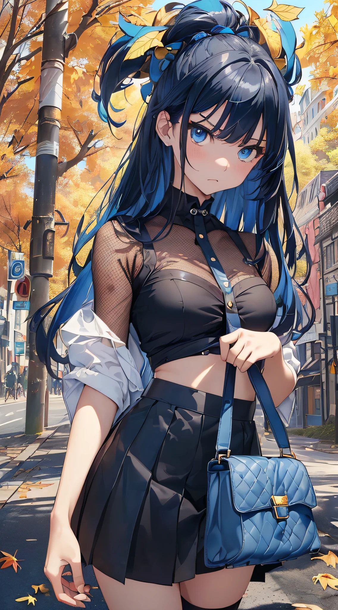 top-quality、Top image quality、​masterpiece、girl with((cute little、、Best Bust、Medium bust、Bust 85,Beautiful blue eyes、Breasts wide open,Long Black Hair、A slender、Mesh with bangs and blue hair、Y-shirt with white collar open to second button、Blue short skirt,satchel,angry looking face、run、Reflecting the whole body、Black underwear、collapse、M-shaped legs)）hiquality、Beautiful Art、Background with((blue-sky、Road of autumn leaves)),masutepiece、Elaborate design、visualart、depth of fields、The best lighting、highestdetailed、8ｋ