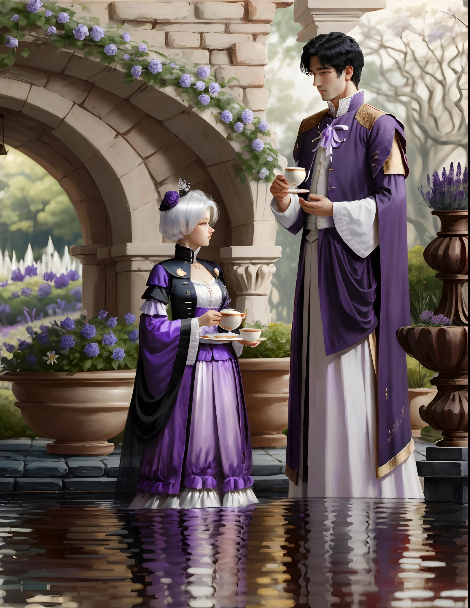 really details art, manwha, royalthy, semirealistic, Father and Daughter, (handsome and young father, tall, black hair, purple eyes) (18 year old Daughter, white hair, purple eyes, Beautiful,) at the palace garden, tea party, wear Beautiful historical manwha outfit, royal