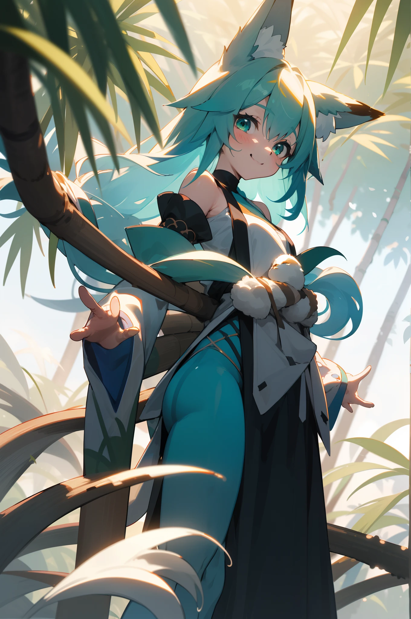 depth of fields,lighting perfect,light particules,(best qualtiy),(tmasterpiece),(ultra - detailed),Sharp focus,light particules,niji,female bodies,Eyes,Blushlush,The white_whair,There are blue-green ones_dotting_whair,Blue-green gradient_Eyes,Looking_at_peeping at the viewer,Smile,Solo,Furry,Animal_Ear_vellus hair,Open_clothes,Arms back,The upper part of the body,coda,Nothing_clothings,rays of sunshine,The tree,bamboos,with her mouth open,from below,Arms back,Fox's_large tail_vellus hair,Put your hands behind your back,The tail droops down,Plush all over