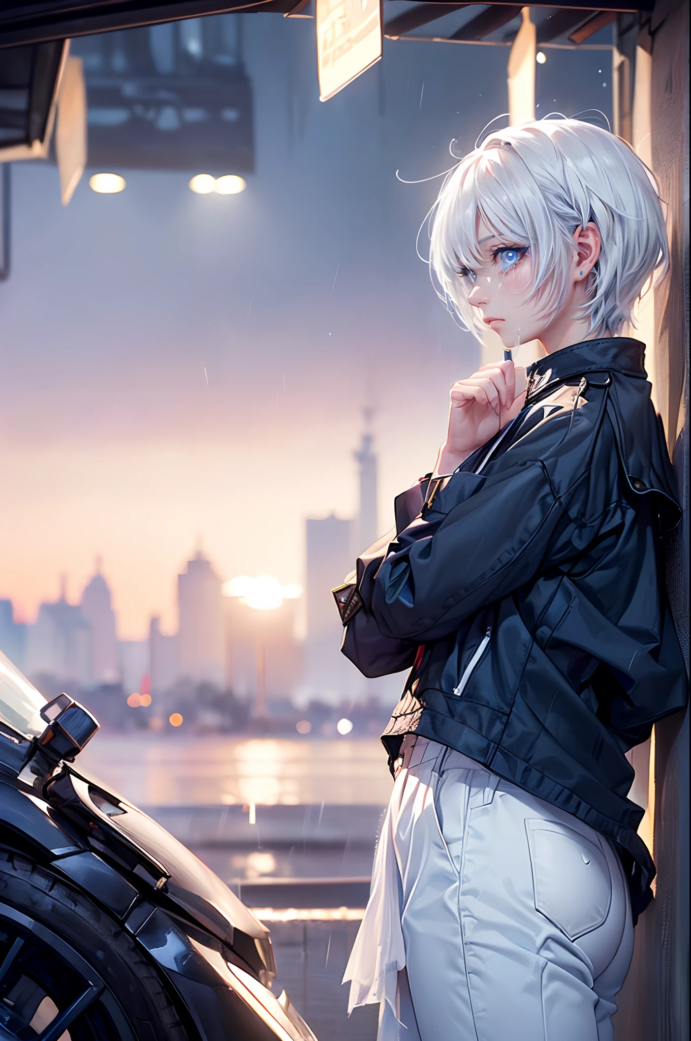 ((4K works))、​masterpiece、(top-quality)、1 beutiful girl、Slim body、tall、((Black Y-shirt and white pants、Charming British knight style))、Please wear one jacket、(Detailed beautiful eyes)、Fantastic Night City、((City under the stars))、Midnight rain and fashionable city、((Face similar to Carly Rae Jepsen))、((Short-haired white hair))、((Smaller face))、((Neutral face))、((Bright blue eyes))、((American adult women))、((Adult female 26 years old))、((cool lady))、((Like a celebrity))、((Crying expression))、((sad look))、((Korean Makeup))、((elongated and sharp eyes))、((Happy dating))、((boyish))、((Upper body photography))、Professional Photos、((Shot alone))、((She is looking up at the sky under the roof))、((Shot from the side))、((Crying profile))、((She is facing upwards))、((Her eyes are looking upwards))、((She stands next to the viewer))、rearing、Solitude、saddened、desolate、suffocating、heartbreaking、auw