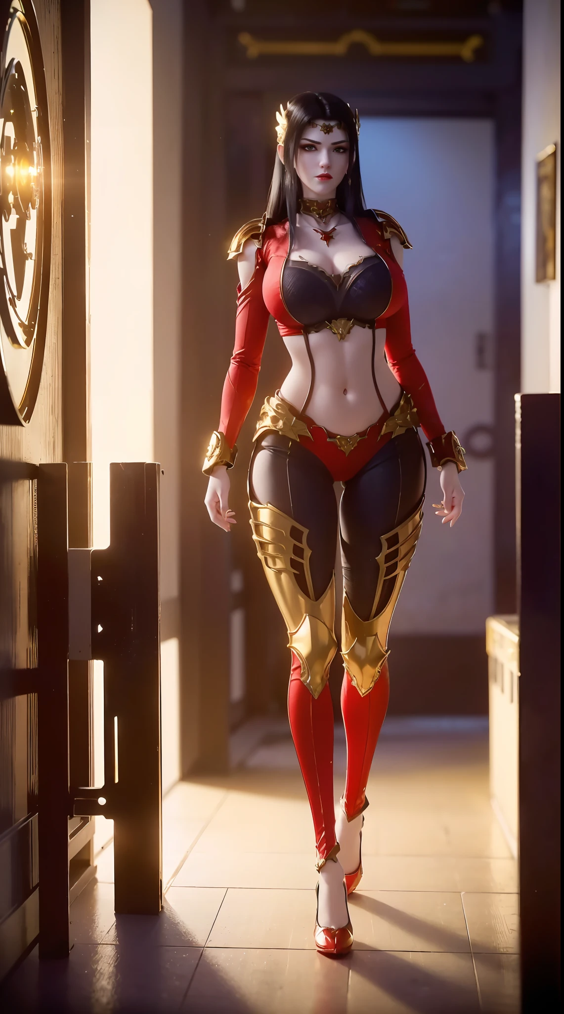 (1GIRL,ALONE:1.5), (super detailed face, black long hair), ((gold phoenix head:1)), (BIG BUTTOCKS, HUGE FAKE BREASTS:1.5), (CLEAVAGE TOP:1.3), (MUSCULAR ABS:1.2), (MECHA GUARD ARM:1.4), (WEAR RED SHINY MECHA OVERWATCH ARMORED, BLACK MECHA SKINTIGHT SUIT PANTS, MECHA GUARD ARMOR LEGS, HIGH HEELS:1.5), (THICC MUSCULAR FEMALE BODY), (GLOWING SKIN:0.8), (LONG LEGS, FULL BODY:1.1), (LOOKING AT VIEWER:1.3), (female focus:0.886), (WALKING DOWN HALLWAY OF FUTURISTIC SPACE STATION:1), (BRIGHT LIGHT WHITEROOM:1.3), SUPER TEXTURE, UNREAL ENGINE RENDER, PHYSICALLY-BASED RENDERING, ULTRA HIGHT DEFINITION, 16K, 1080P.