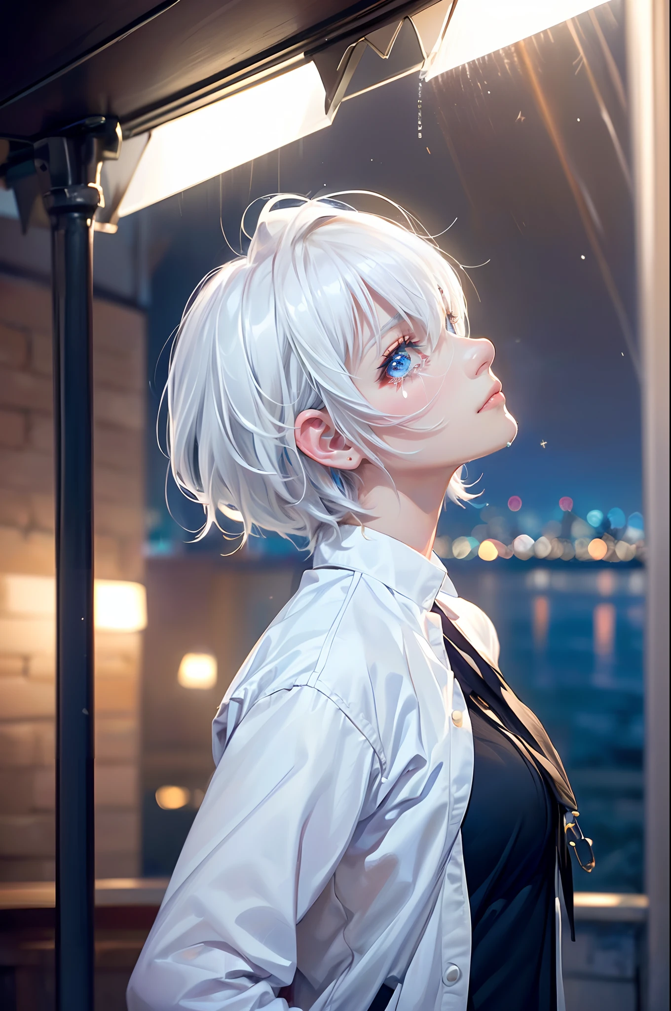 ((4K works))、​masterpiece、(top-quality)、1 beutiful girl、Slim body、tall、((Black Y-shirt and white pants、Charming British knight style))、Please wear one jacket、(Detailed beautiful eyes)、Fantastic Night City、((City under the stars))、Midnight rain and fashionable city、((Face similar to Carly Rae Jepsen))、((Short-haired white hair))、((Smaller face))、((Neutral face))、((Bright blue eyes))、((American adult women))、((Adult female 26 years old))、((cool lady))、((Like a celebrity))、((Crying expression))、((sad look))、((Korean Makeup))、((elongated and sharp eyes))、((Happy dating))、((boyish))、((Upper body photography))、Professional Photos、((Shot alone))、((She is looking up at the sky under the roof))、((Shot from the side))、((Crying profile))、((She is facing upwards))、((Her eyes are looking upwards))、((She stands next to the viewer))、rearing、Solitude、saddened、desolate、suffocating、heartbreaking、auw