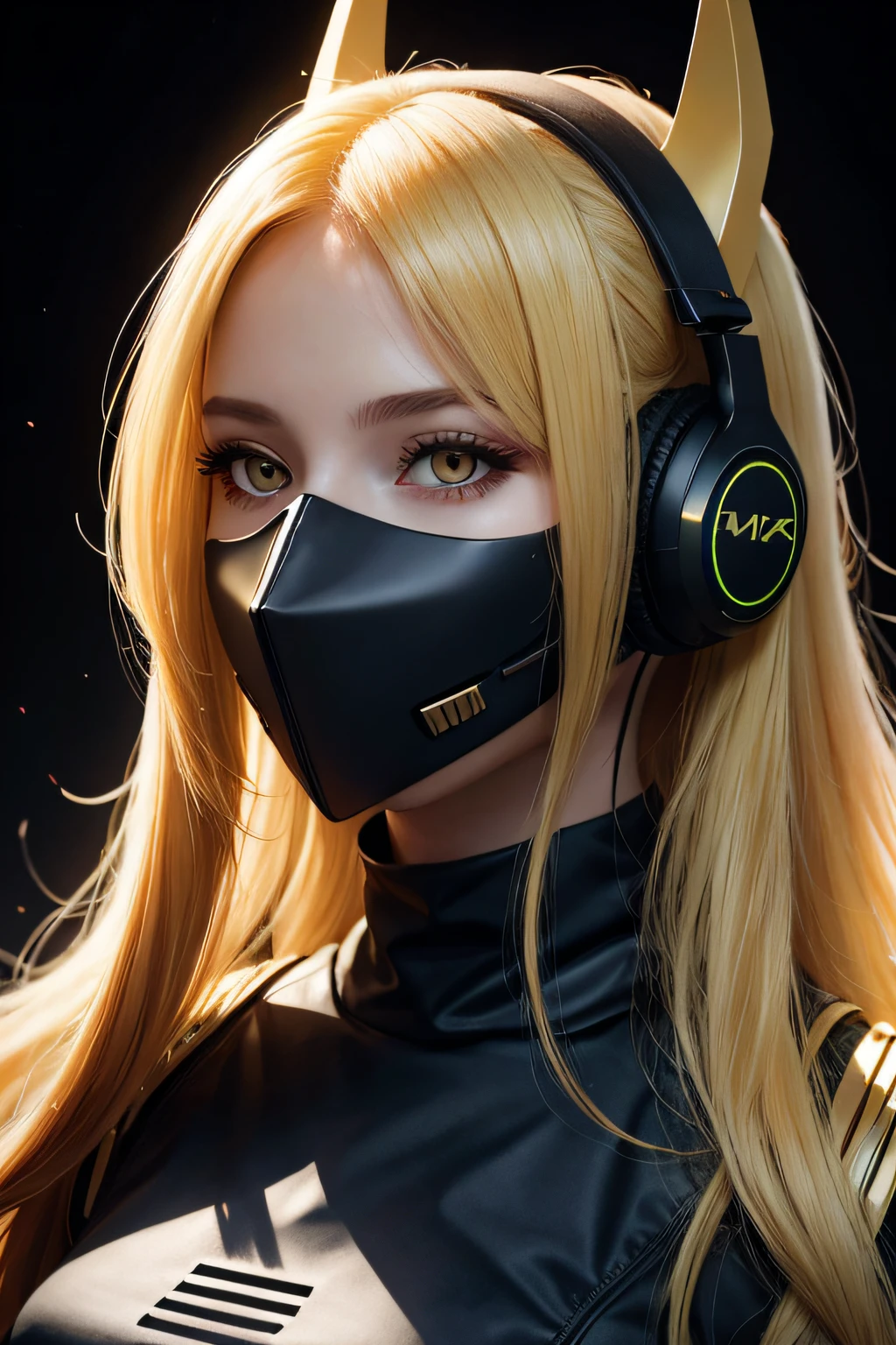 girl with long yellow hair, yellow eyes, futuristic vibes, mask on mouth, headphones, 8k, high quality, simple background, glowing eyes, nice pose