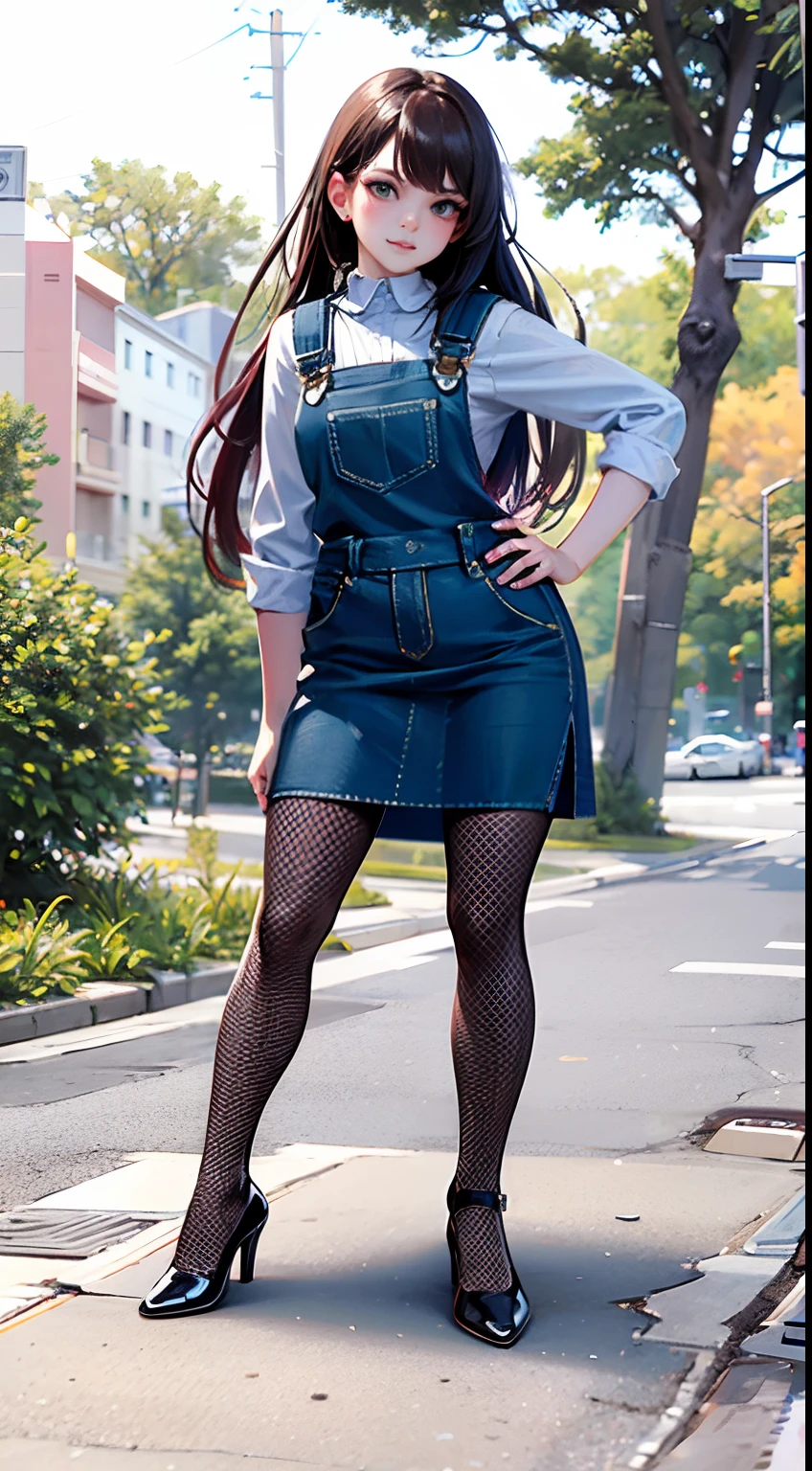 arafed girl in a denim dress and fishnet tights posing for a picture, full body picture, full body cute young lady, full body! pretty face, full body length, portrait full body, full body!, full body;, full body!!, fullbody shot, fullbody photo, full body photo, wearing overalls, full body portrait shot