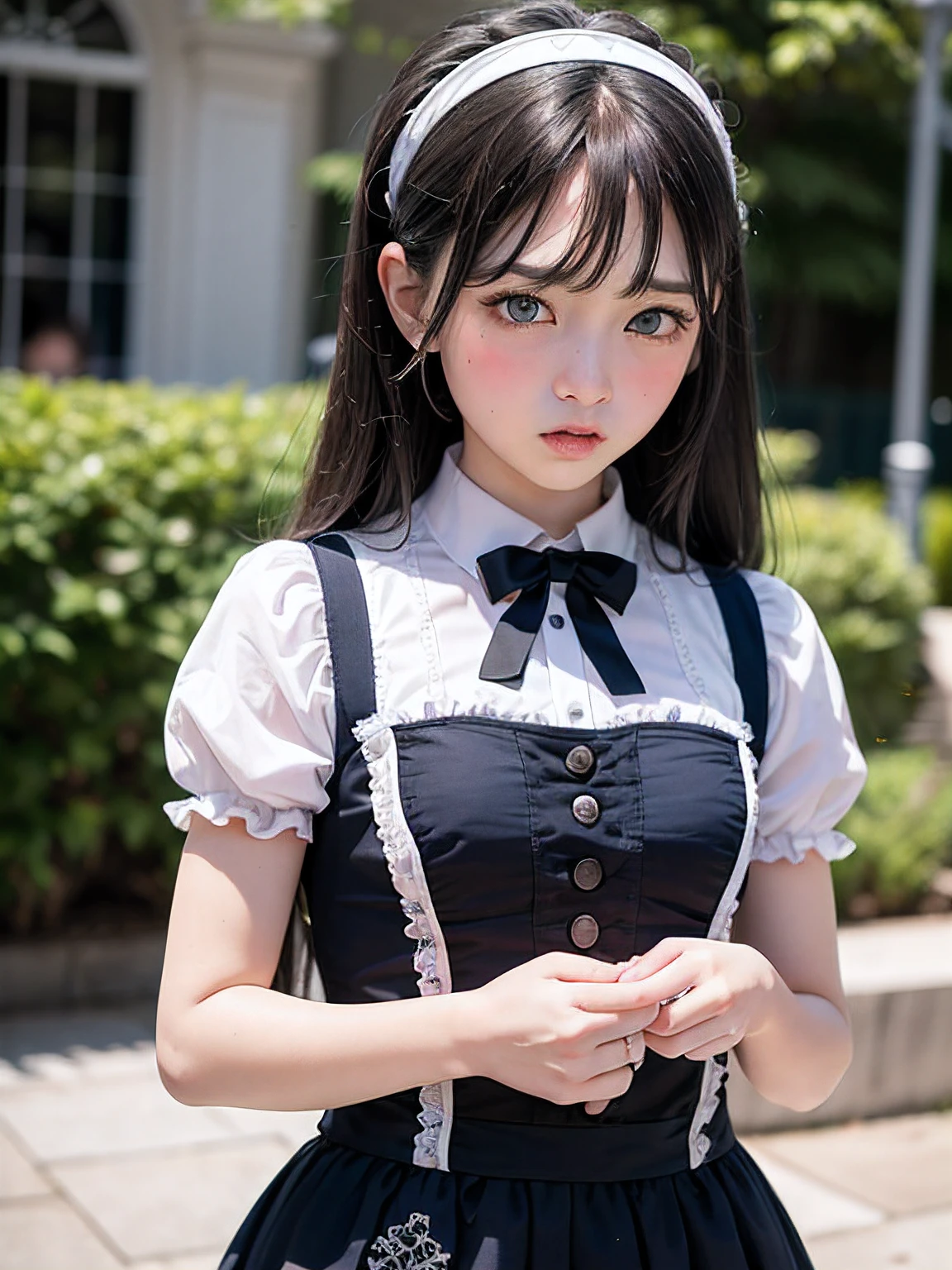 (masutepiece, Best Quality:1.2), 8K, 85 mm, Official art, Raw photo, absurderes, A dark-haired, (Blue eyes, Lolita Fashion, sweetlolita, Gothic, Dress:1.2), Idol face, Upper body, Beautiful Girl, gardeniass, Copenhagen, Short sleeve, Elegance, Sophisticated, gardenia, Film grain, chromatic abberation, Sharp Focus, face lights, Dynamic lighting, Cinematic lighting,(( red blush、embarassed expression, Look away、Looking down in embarrassment:1.2))、(((tucking up the skirt、White panties are visible)))、(((NSFW)))、