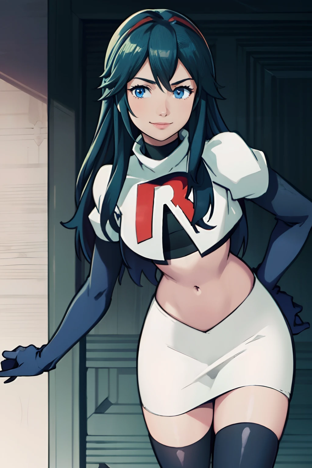 lucina fe, rocket,team rocket uniform, red letter R, white skirt,white crop top,black thigh-highs,black elbow gloves, blue hair, confident smile, looking at viewer