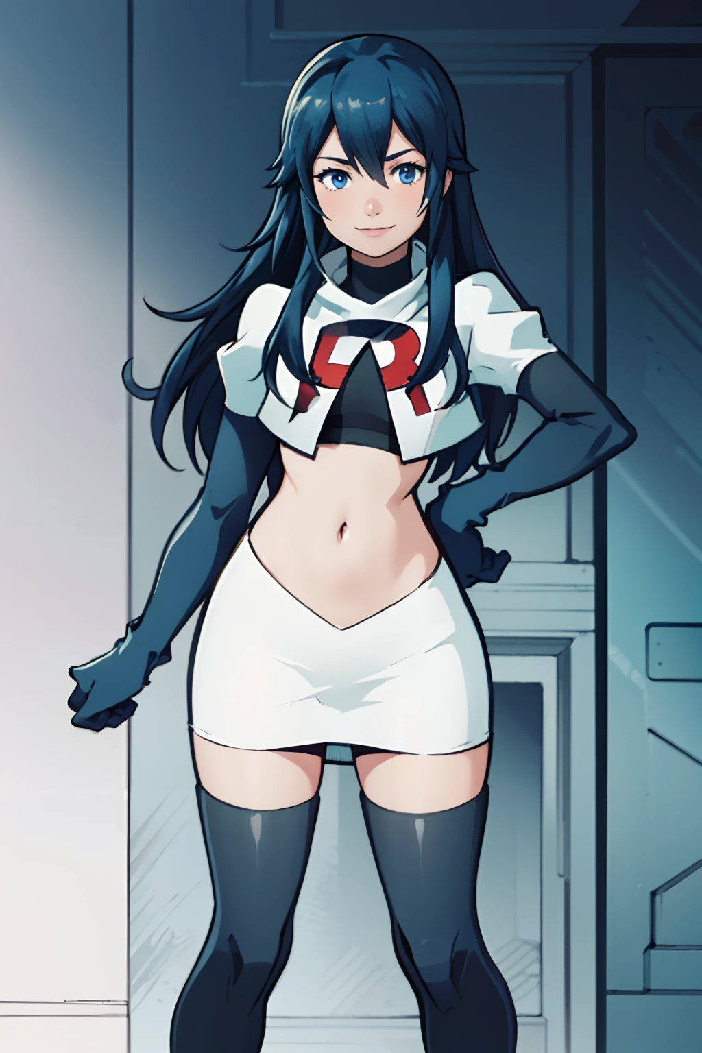 lucina fe, rocket,team rocket uniform, red letter R, white skirt,white crop top,black thigh-highs,black elbow gloves, blue hair, confident smile, looking at viewer