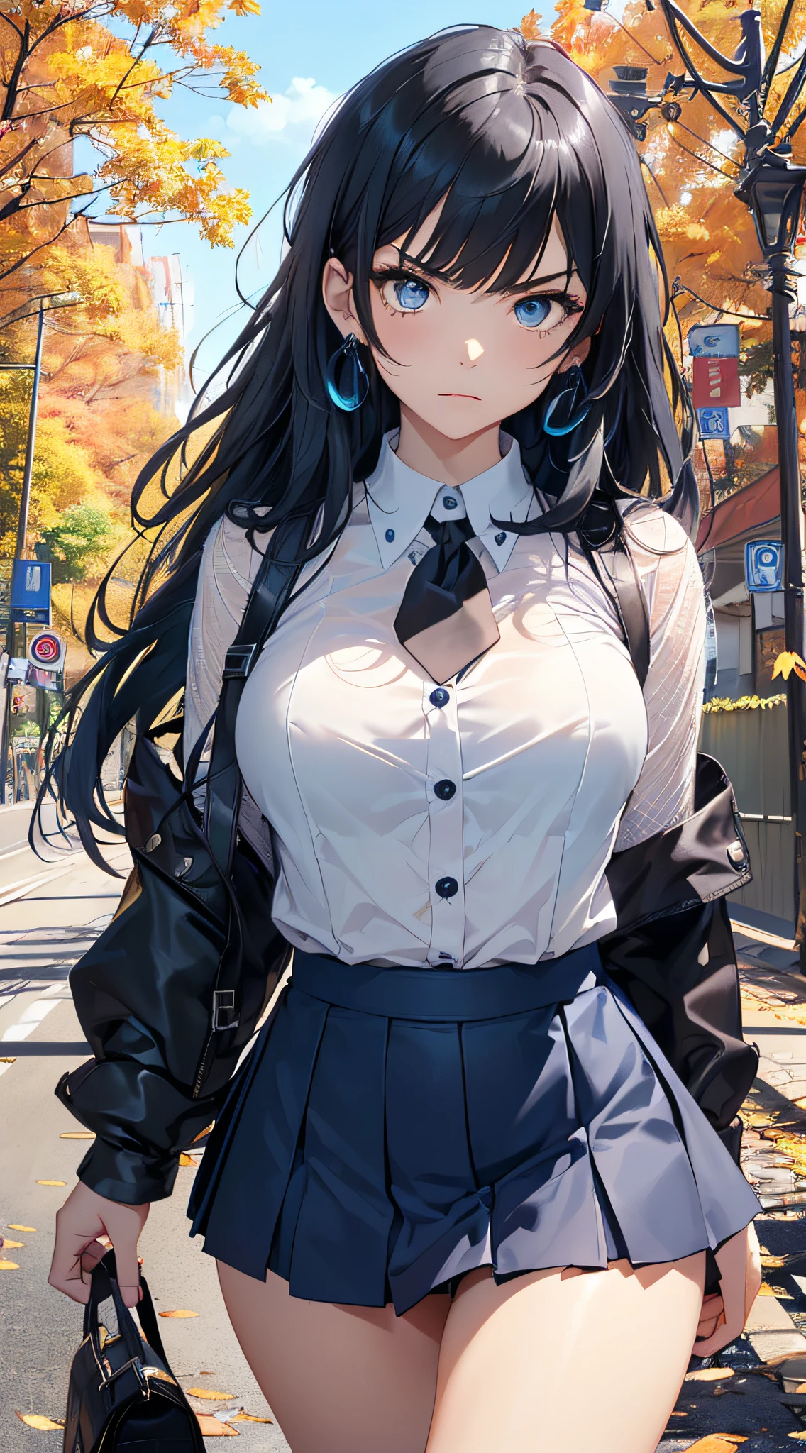 top-quality、Top image quality、masterpiece、girl with((cute little、sixteen years old、Best Bust、Medium bust、Bust 85,Beautiful blue eyes、Breasts wide open,Long Black Hair、A slender、Blue hair mesh、Y-shirt with white collar open to second button、Blue short skirt,satchel,angry looking face、run、Reflecting the whole body、Black underwear、View your watch、Point to your watch))hiquality、Beautiful Art、Background with((blue-sky、Road of autumn leaves)),masutepiece、Elaborate design、visualart、depth of fields、The best lighting、highestdetailed、8k