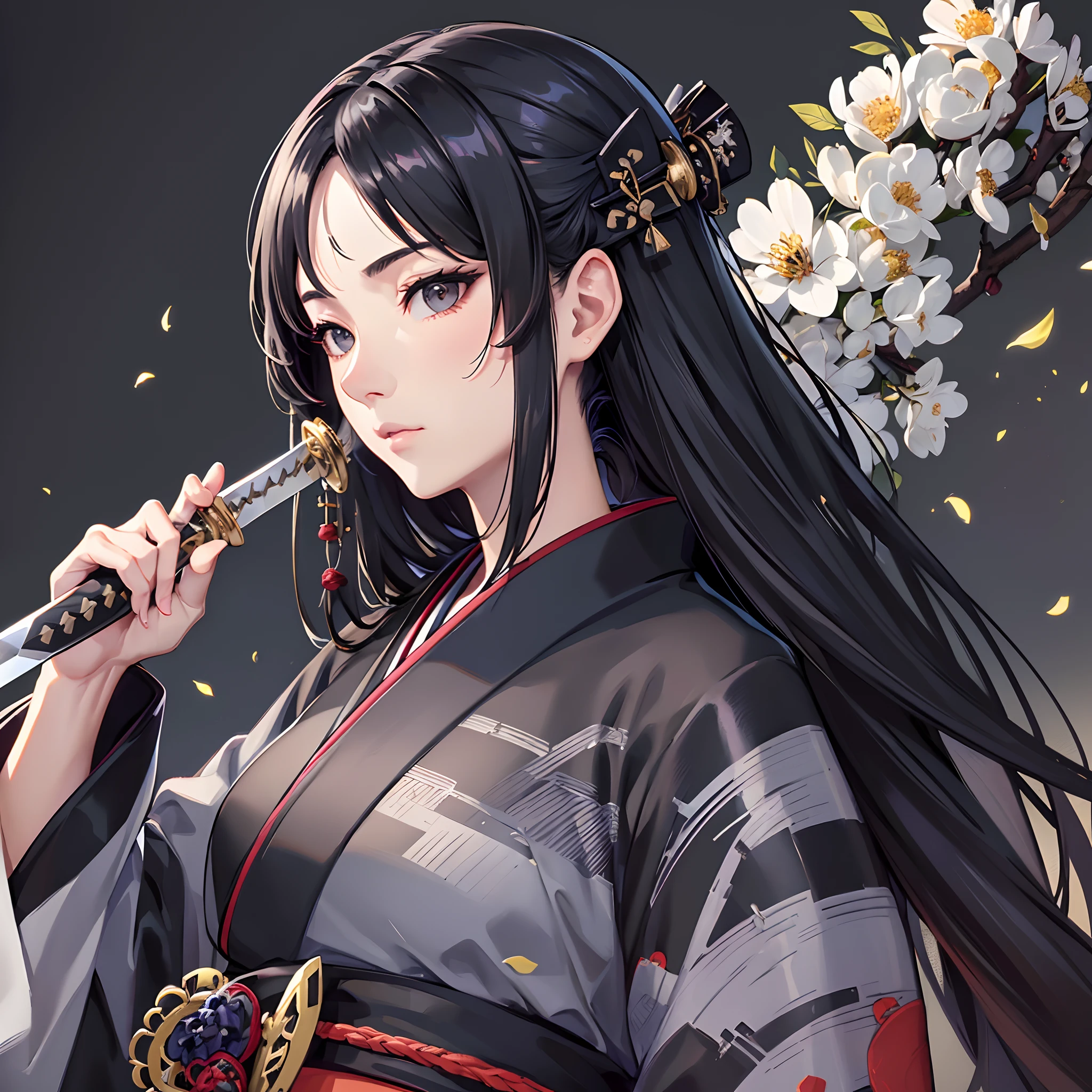 masterpiece、High-quality images、top-quality、hight resolution、8K、1womanl、the detail、Monochrome grayscale background、Photorealsitic、skin gloss、Lustrous hair、cabelos preto e longos、poneyTail、Detailed eye depiction、Narrow-eyed、(woman swordsman、Master of the Sword:1.3)、Black kimono、Wearing a black hakama、(Long sharp Japan sword:1.4)、Infinite steppe、mowing、morning glow