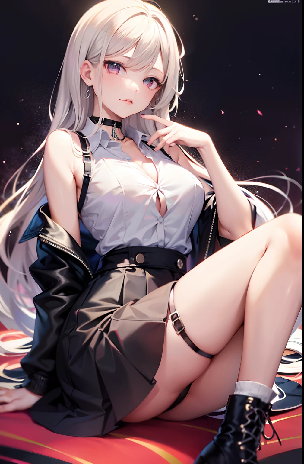 best quality, ultra high res, 1girl, sleeveless white button shirt, black skirt, black choker, cute, (Kpop idol), (aegyo sal:1), (platinum blonde hair:1), ((puffy eyes)), looking at viewer, full body, facing front