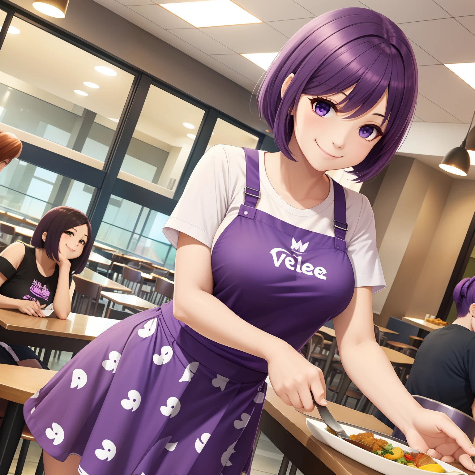 Cafeteria, character with Violet hair , medium boobs, short skirt, T-Shirt with Print, , waitress, guests, smile