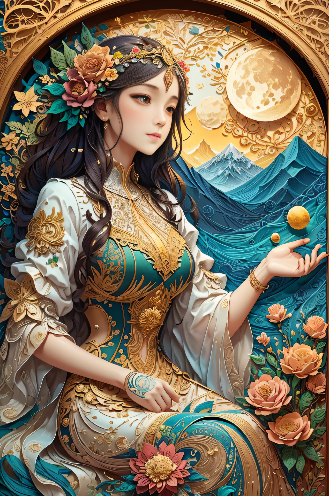 （Flat paper cutout。）,[paper quilling:15]，[Castle by the sea:10] florals，mountain peaks，the sea，golden moon，Works by Alphonse Mucha， ( Paper art sewing art style:1.5)，Vivid Color paper modeling art, paper art, made of paper, karol bak uhd, layered paper art, Intricate fantasy of reality, fantasy. Intricate, Intricate beauty, Obras de arte intrincadas,